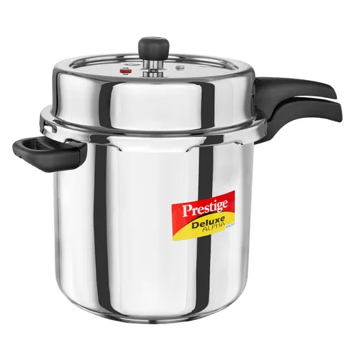 Prestige 10 Litre Stainless Steel Deluxe Alpha Svachh Outer Lid Pressure Cooker | 10Y Warranty | Deep Lid for Spillage Control | TRIPLY Base | Gasket Release System | Gas &amp;amp;amp;amp;amp; Induction Compatible | ISI