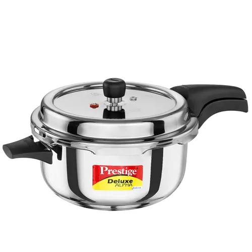 Prestige 5 Litre Stainless Steel Deluxe Alpha Svachh Outer Lid Deep Pressure Pan Cooker 20255 | 10Y Warranty | Deep Lid for Spillage Control | TRIPLY Base | GRS | Gas & Induction Compatible | ISI