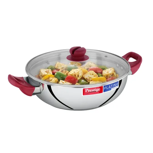 Prestige Platina Popular Stainless Steel Unique Impact Forged Bottom Kadai with Toughened Glass Lid 36888, (4.6 L)