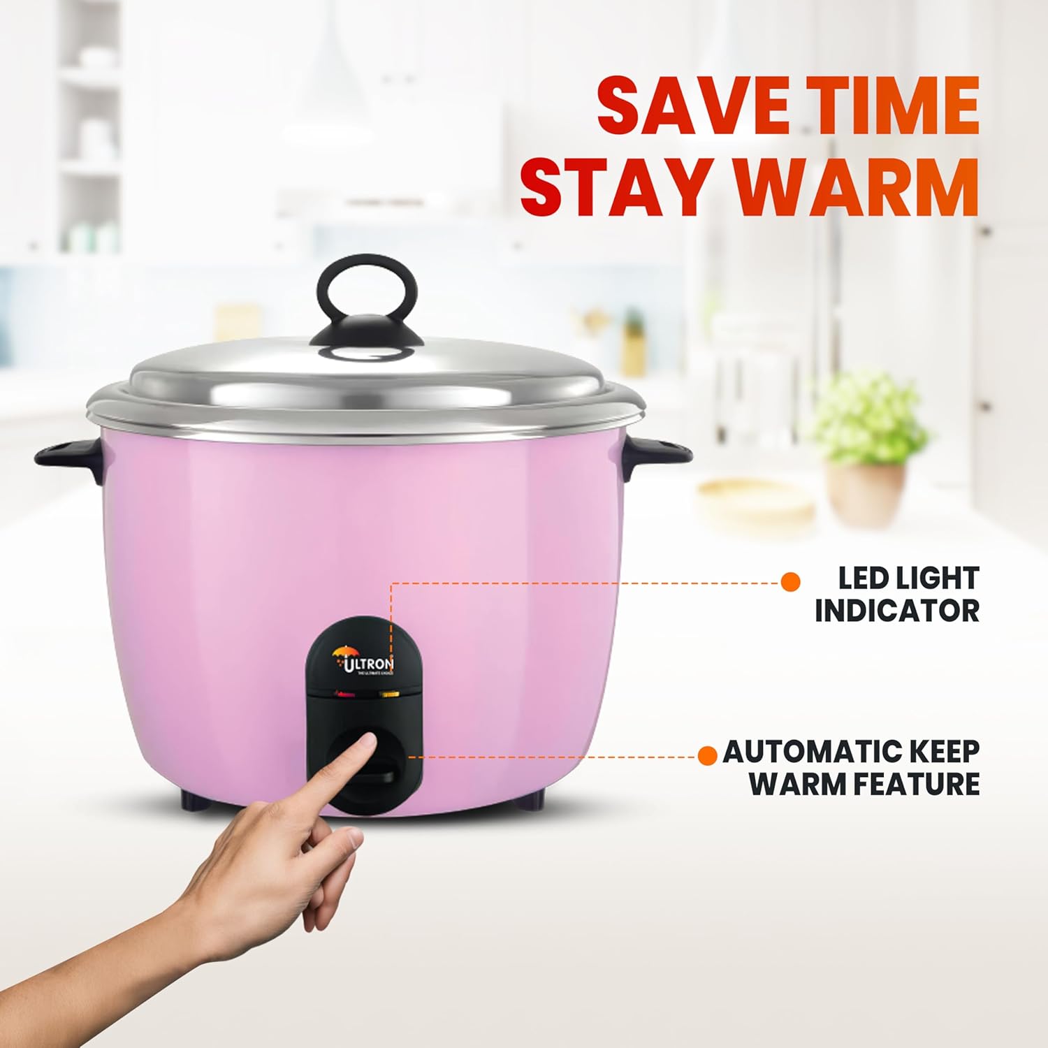 Ultron Cook Mate SS 1.8 Electric Rice Cooker | 700W | 1.8 Litre Capacity | Stainless Steel Inner Pot | Automatic Cook & Keep Warm | LED Indicator | Measuring Cup & Steaming Plate Included (Pink)