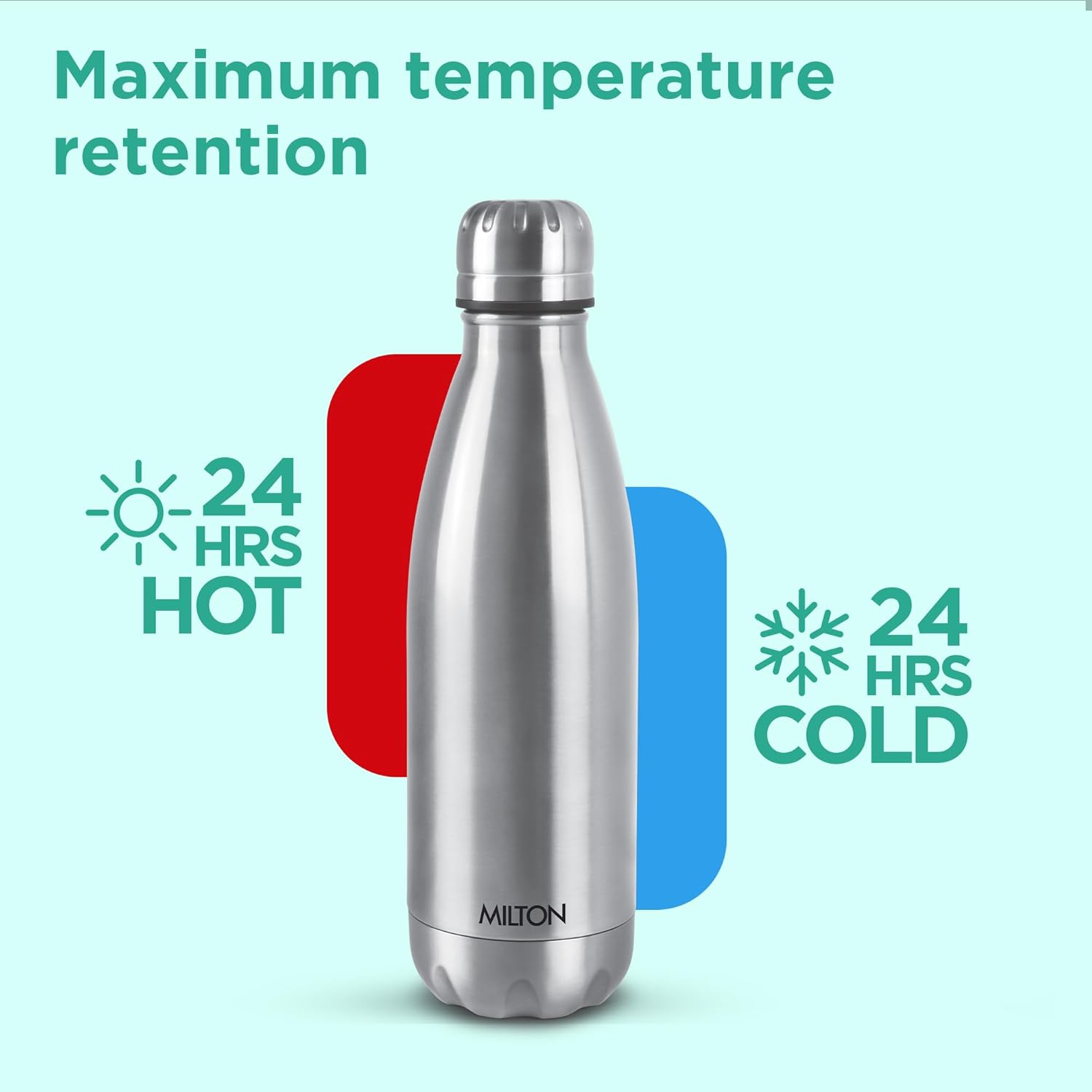 Milton Duo DLX 750 Thermosteel 700 ml Water Bottle, 24 Hr Hot and Cold I Leak Proof Lid, ISI Certified I Vacuum Insulated I for Office, Gym, School I Silver