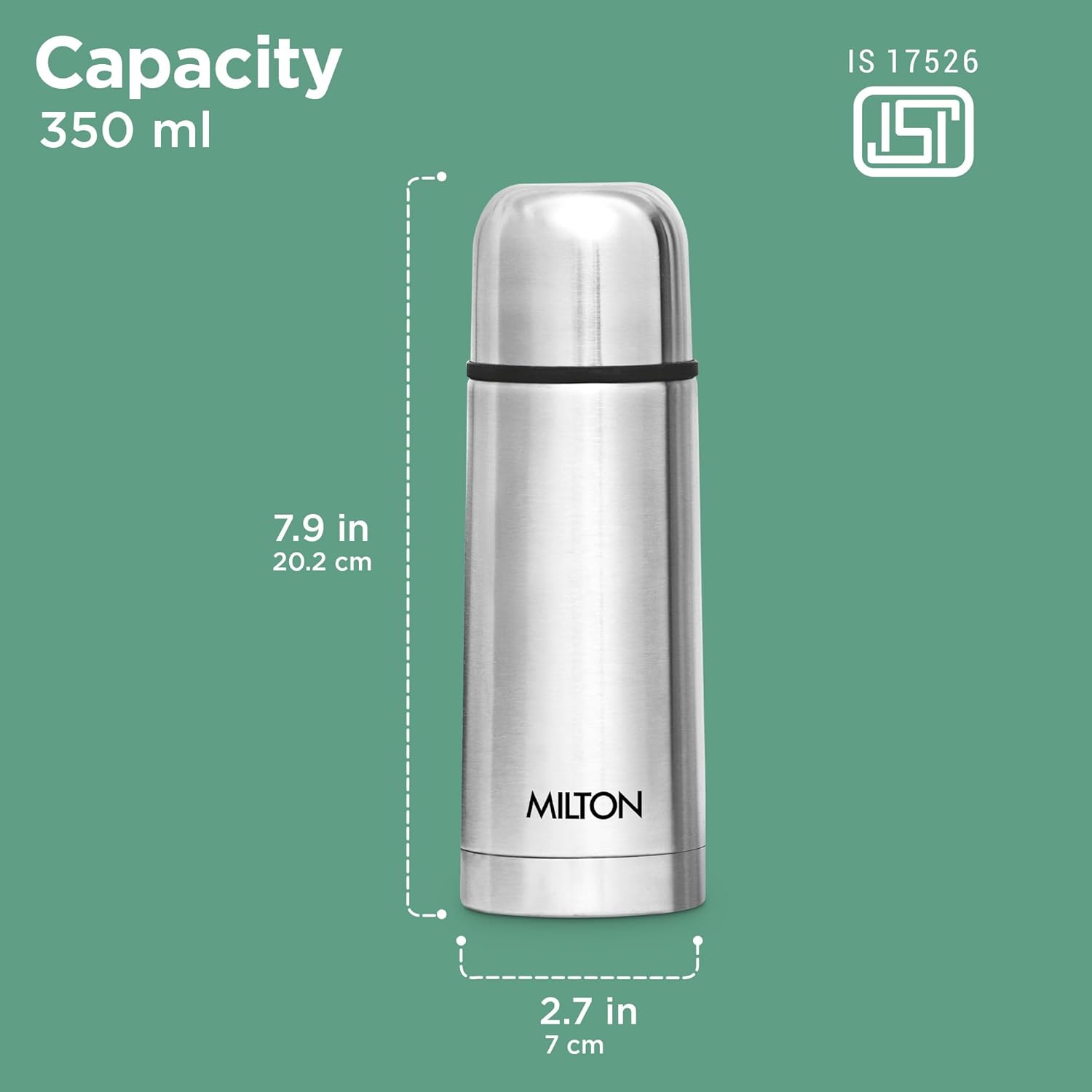 Milton Eco-Flip 350 Thermosteel Double Walled Vacuum Insulated Thermos Flask, 350 ml, 24 Hr Hot and Cold I Leak Proof Lid, ISI Certified I Vacuum Insulated I for Office, Gym, School I Silver