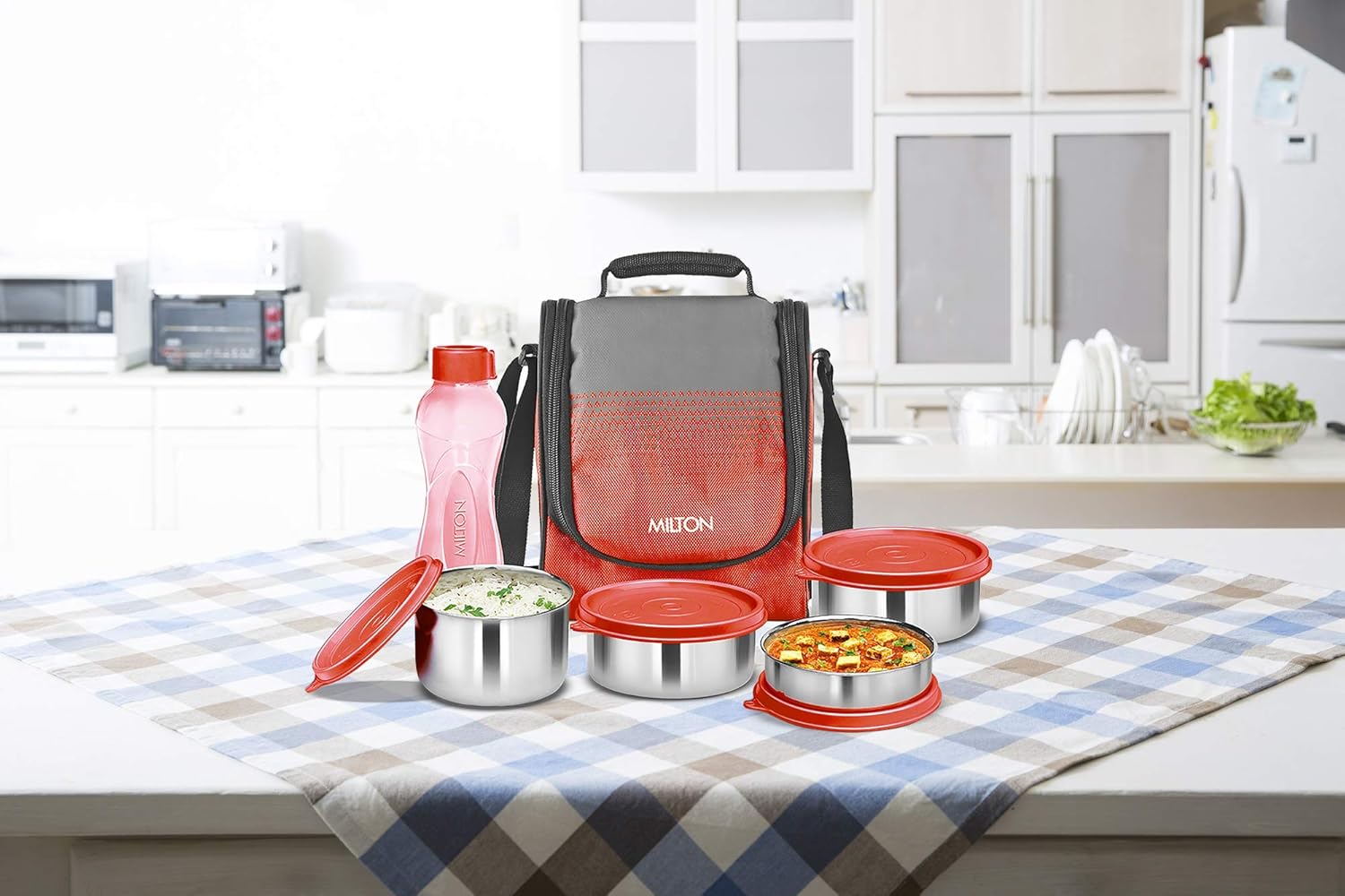 MILTON Tasty 4 Combo Lunch Box with Insulated Fabric Jacket, 4 Stainless Steel Containers (200 ml, 320 X 2 ml, 500 ml) &amp;amp;amp;amp; 1 Green Plastic Bottle, Leak-Proof Tiffin for Office, College, Picnic