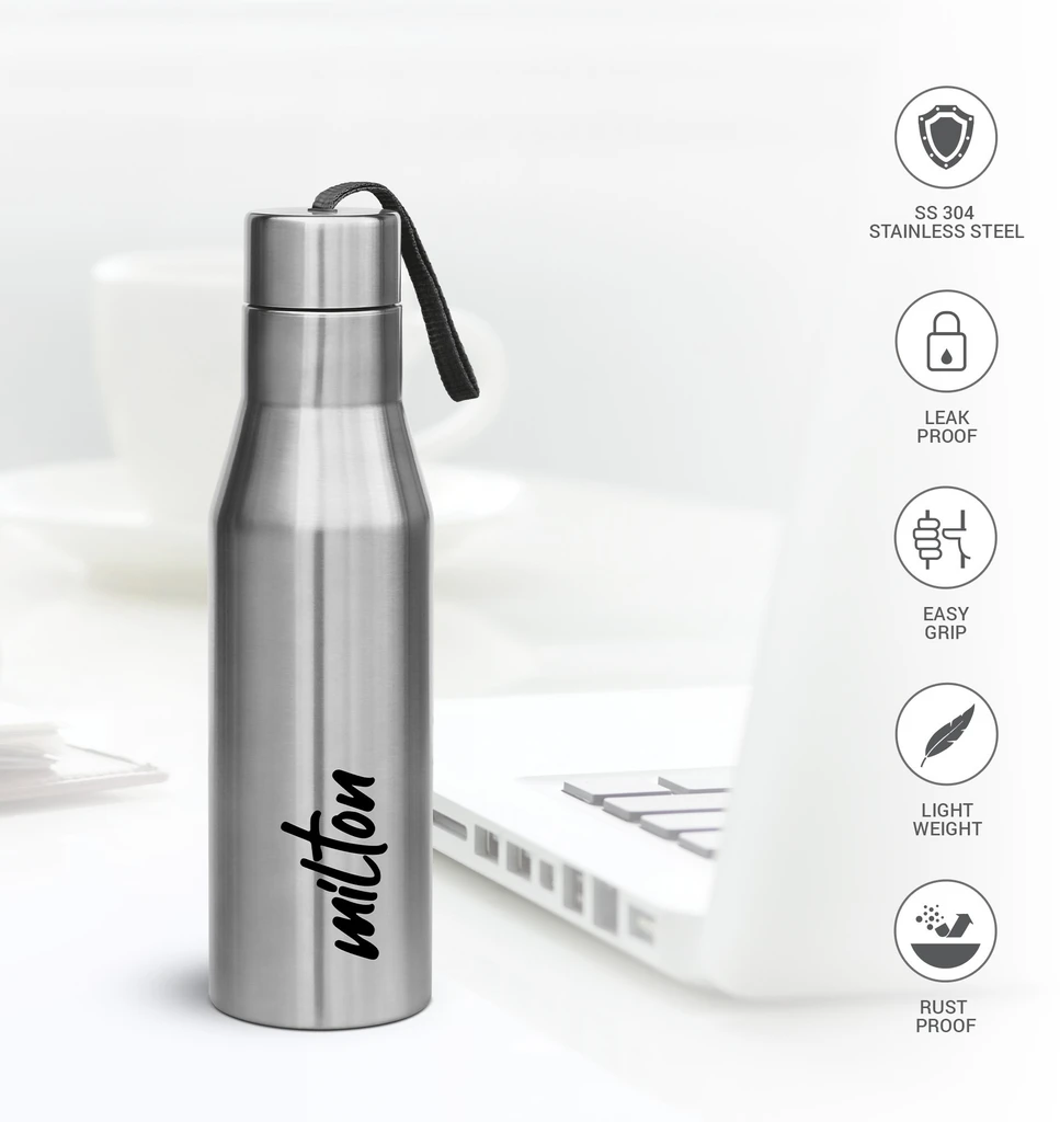 MILTON Super 1000 Single Wall 1000 ml Stainless Steel Bottle (Pack of 1, Steel/Chrome)