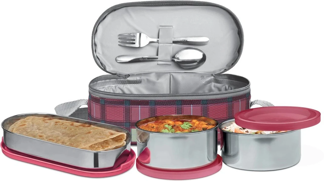 MILTON Corporate Lunch Stainless Steel Containers, Set of 3, (280 ml, 280 ml, 472 ml), Maroon | Light Weight | Odour Proof | Leak Proof