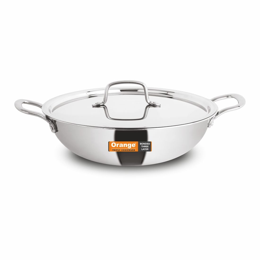 Orange Triply Jumbo Stainless Steel Deep Kadai with Steel Lid (S.S. Lid) 5.5 LTR, 30cm Diameter | Induction Friendly | Heavy Bottom with Cool Touch Handle | 2.5mm Thickness | 5Year Warranty