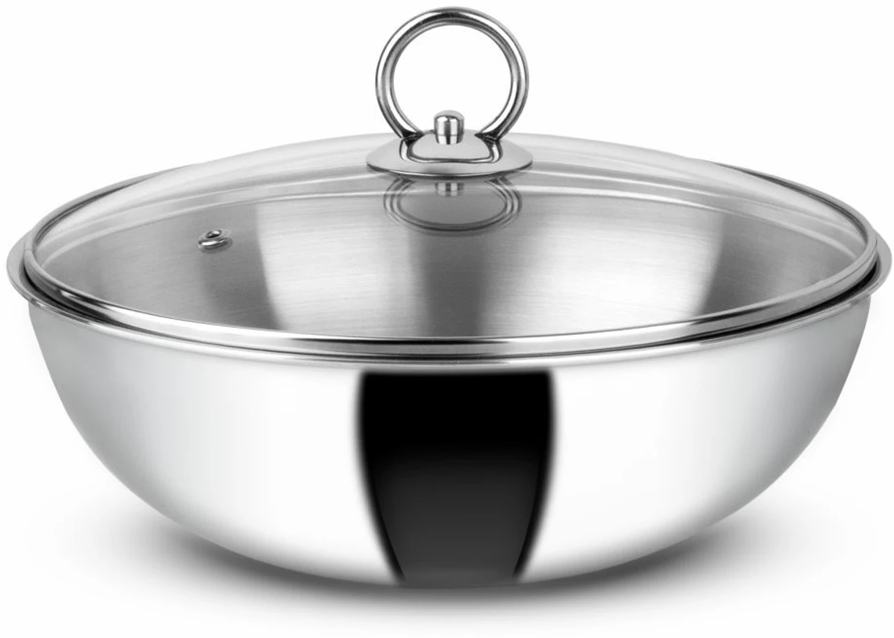 Orange Triply Stainless Steel Kadai/ Tasra with Glass Lid Kadhai 28 cm diameter with Lid 4.5 L capacity (Triply, Induction Bottom)