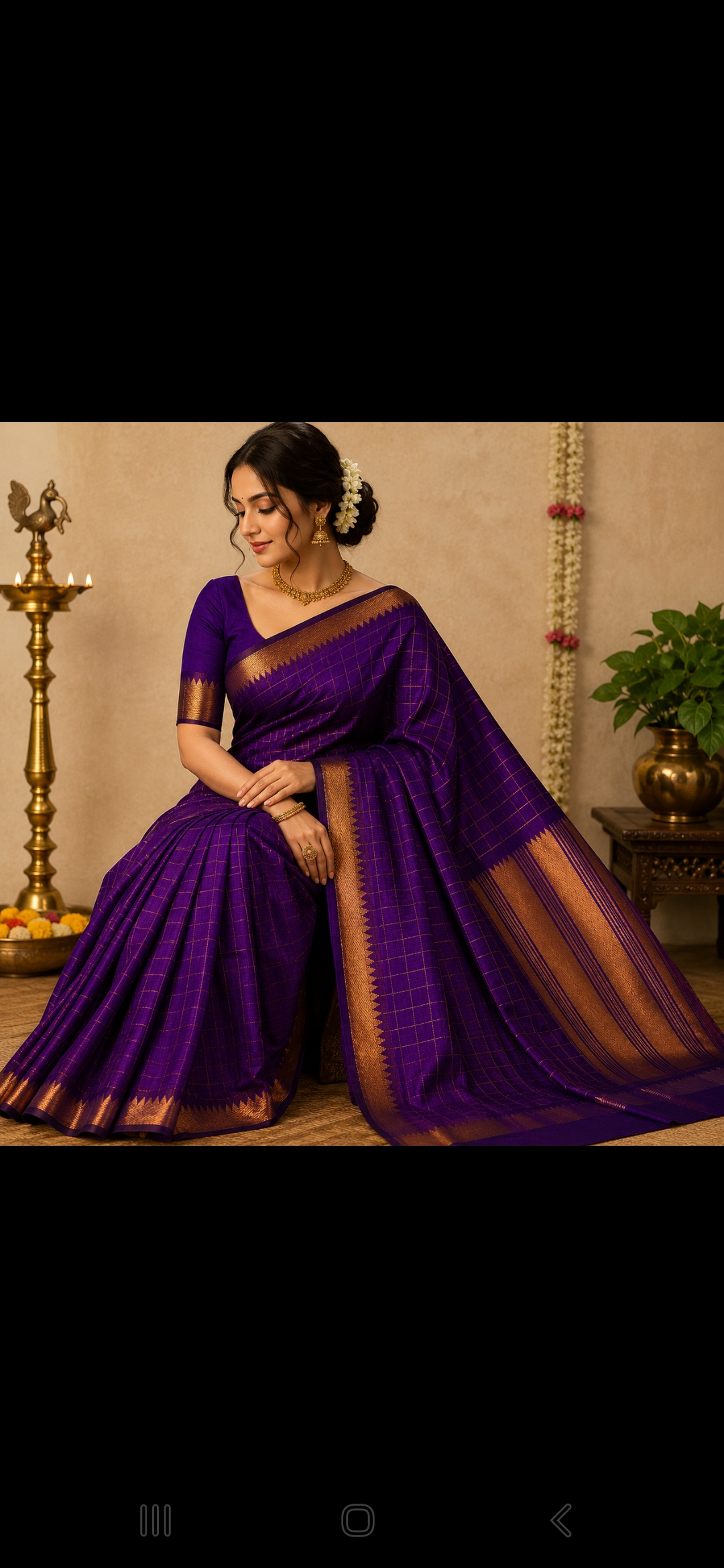 Royal Purple  Mangalagiri Style Silk Saree with Gold Zari Checks