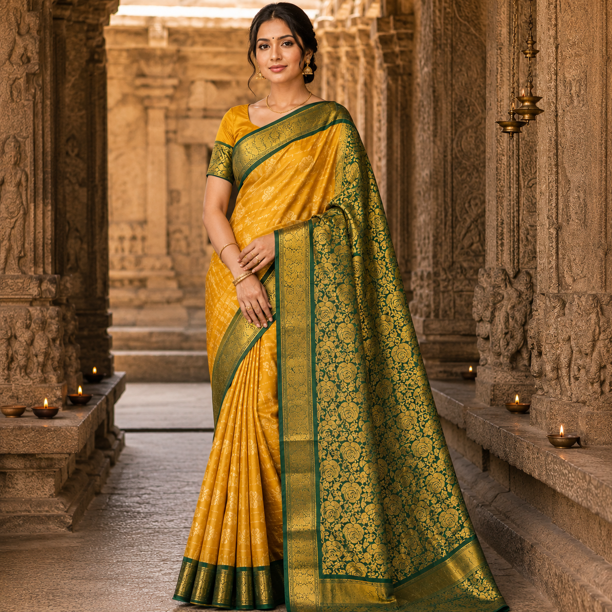 Mysore Silk Sarees I Elegant Mustard Yellow & Bottle Green Traditional Woven Saree