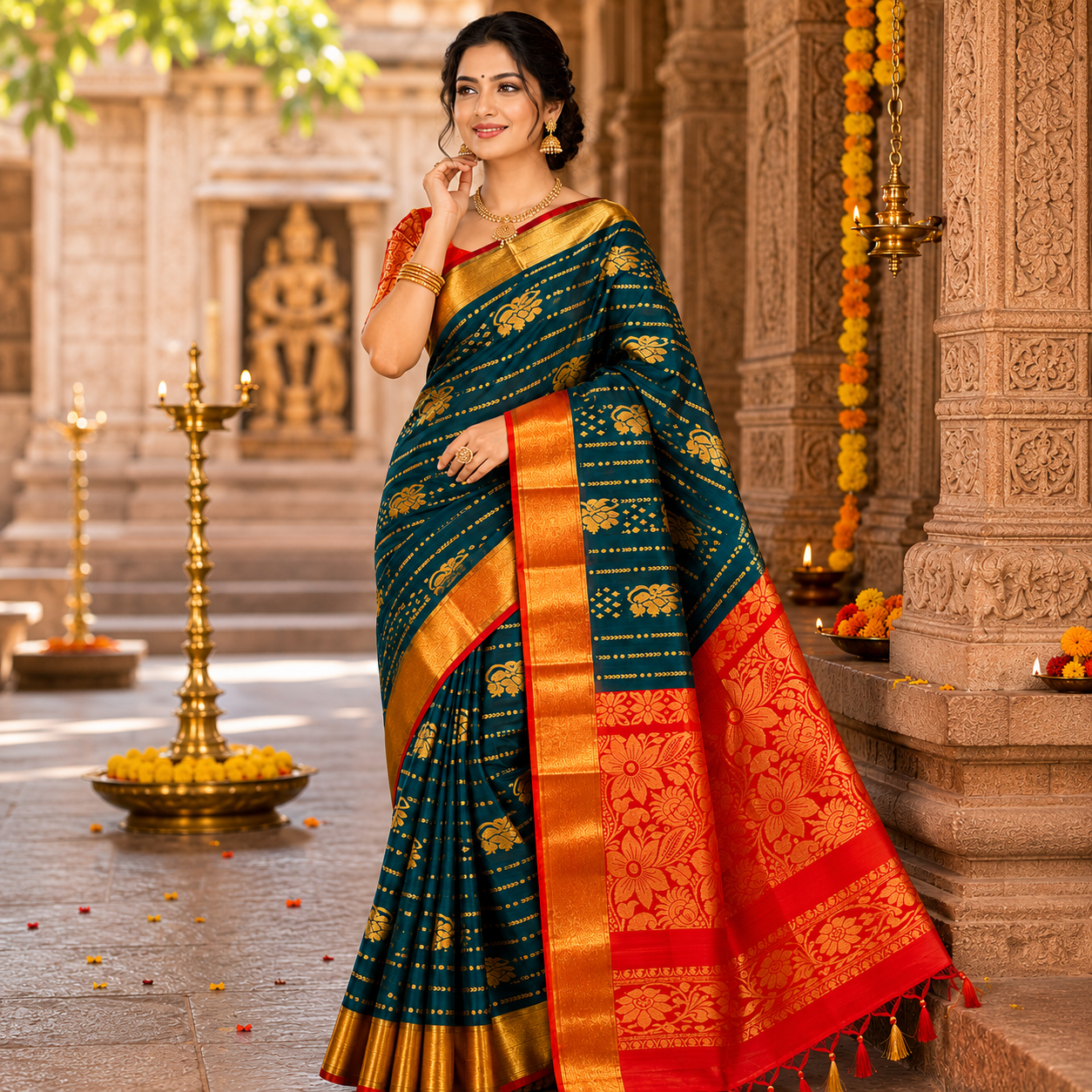 Mysore Silk Sarees I Premium Teal Blue & Red Contrast Woven Saree
