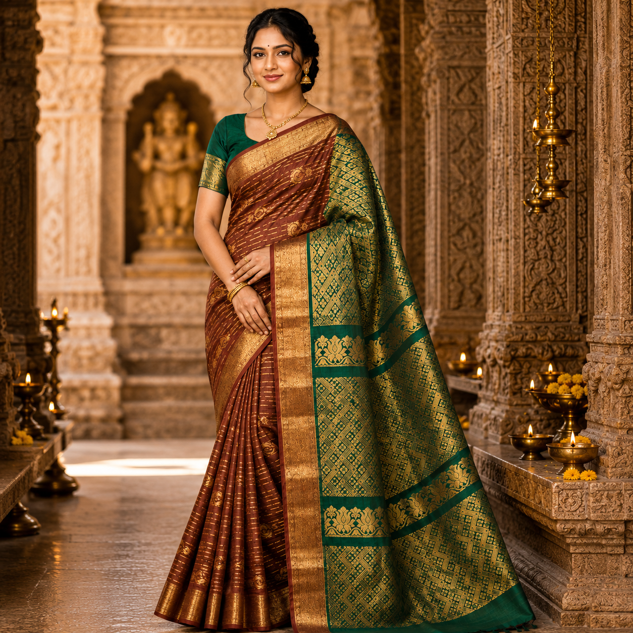 Mysore Silk Sarees I Classic Green & Coffee Brown Designer Woven Saree