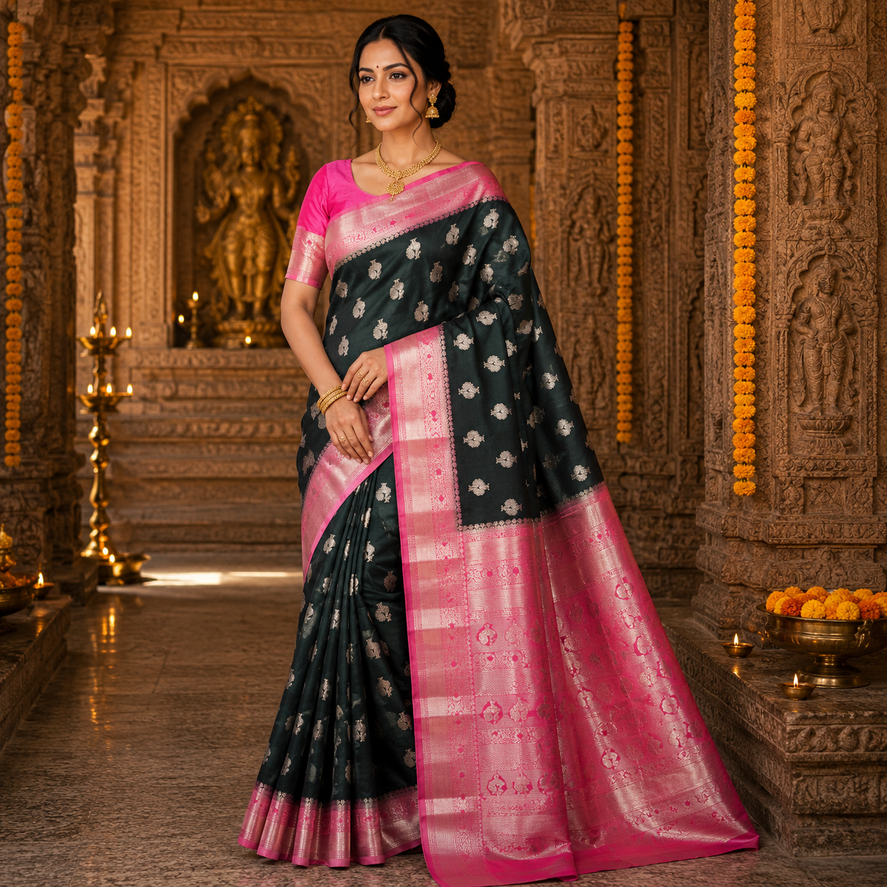 Banaras Rangoli Butta Sarees  I  Premium Black & Pink Zari Woven Silk Blend Saree
