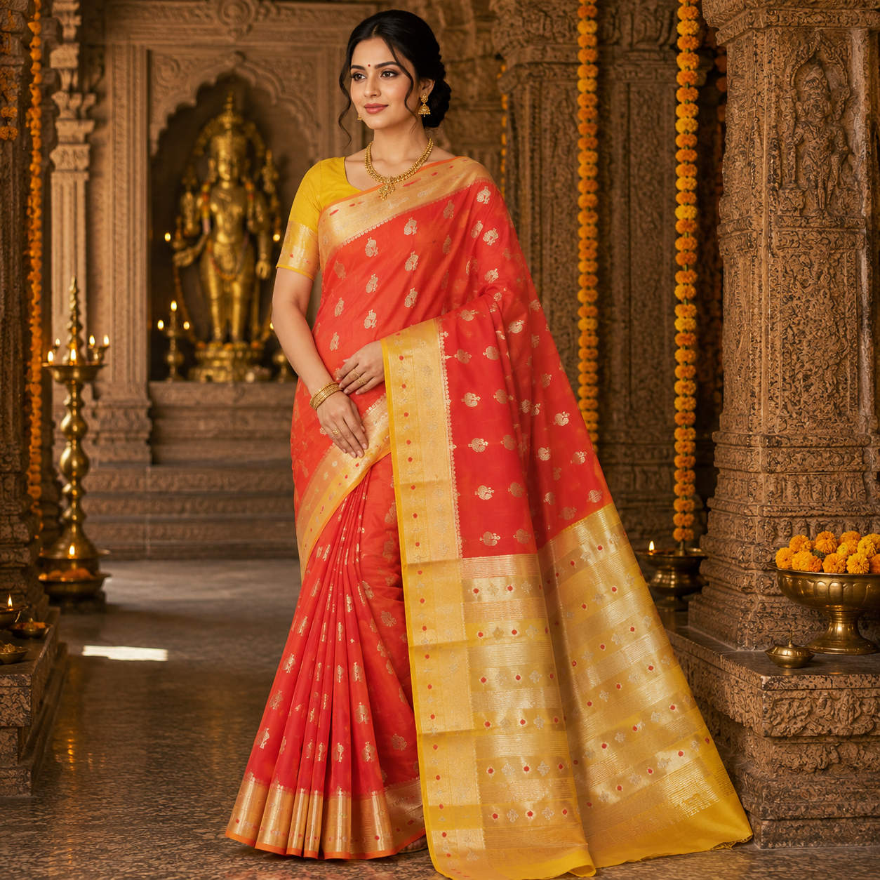 Banaras Rangoli Butta Sarees  I Elegant Vermilion Red & Yellow Woven Silk Blend Saree