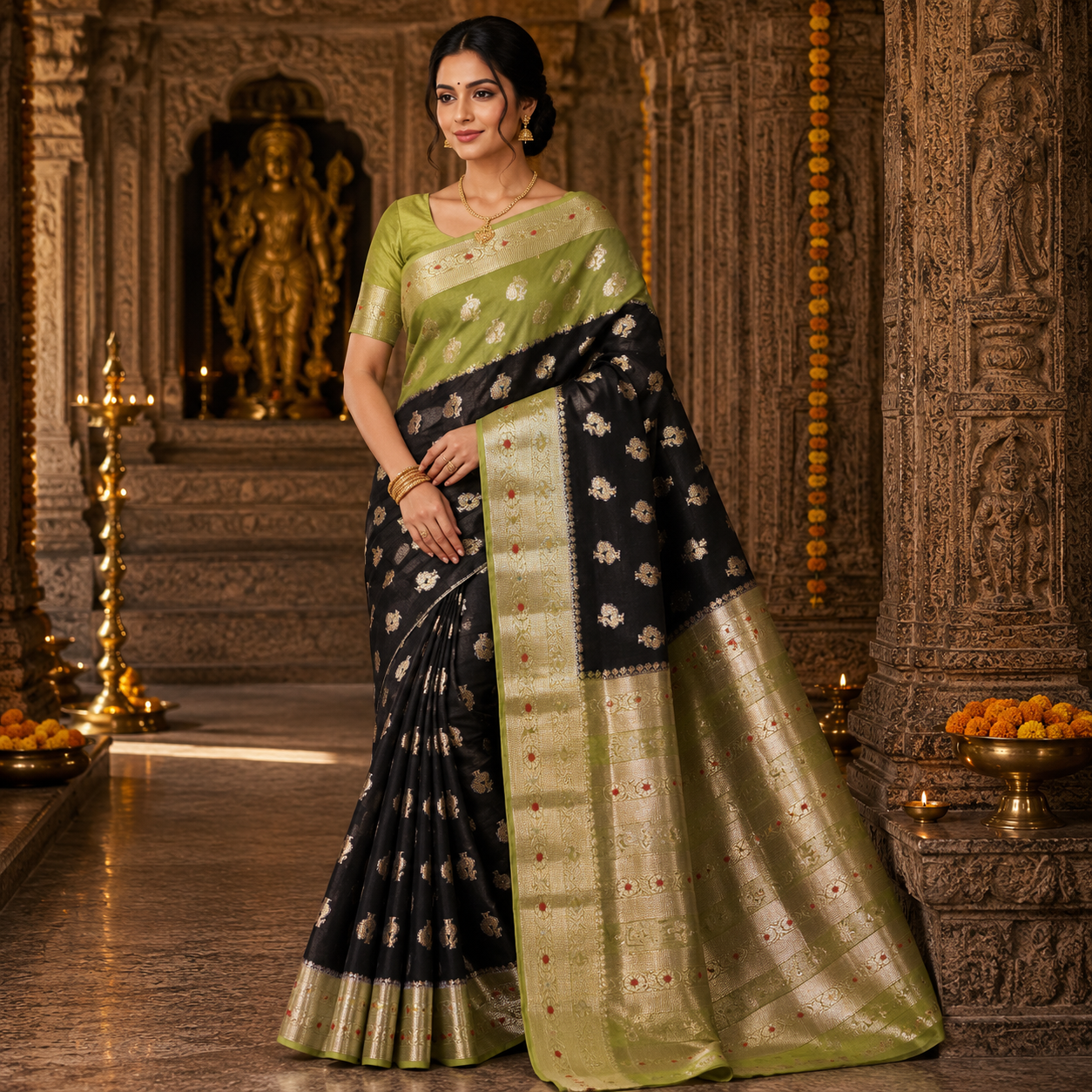 Banaras Rangoli Butta Sarees  I  Black & Pistachio Green Traditional Saree
