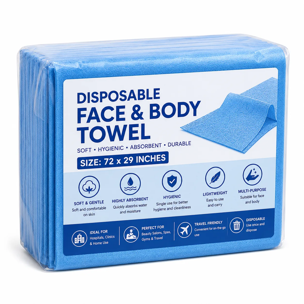 RXSHOPY Blue Disposable Non-Woven Face and Body Single Use Towels, 72 x 29 Inches