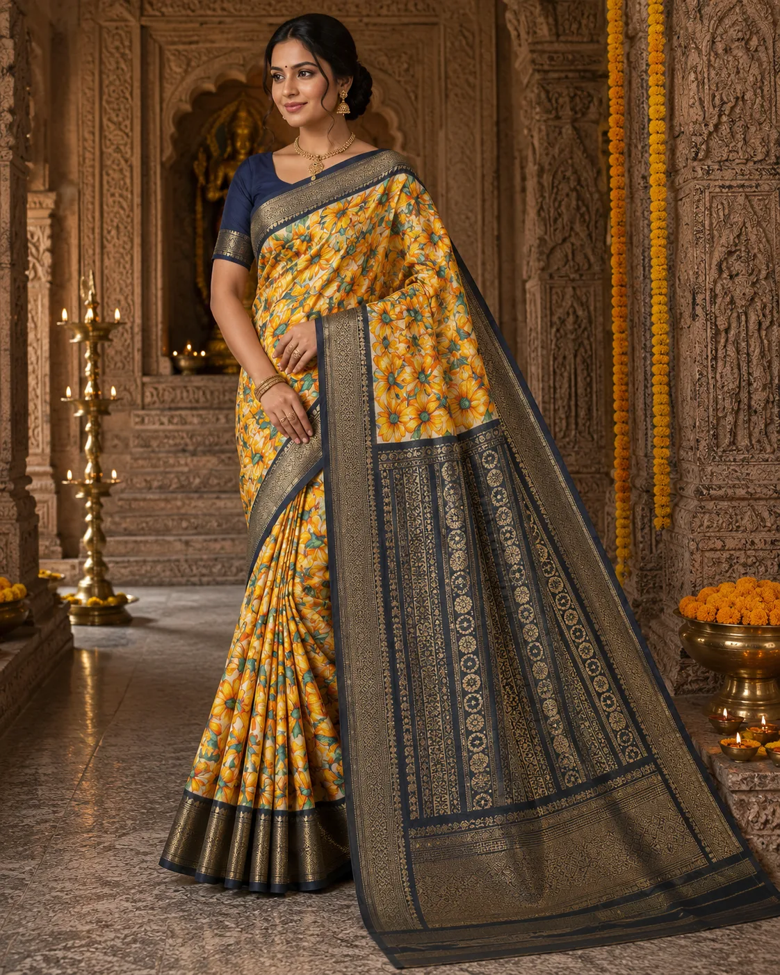 Mal Mal Saree I Yellow Floral Digital Print Saree