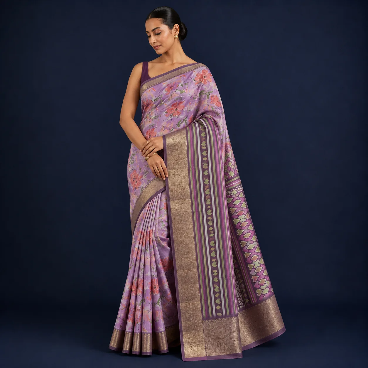 Elegant Lavender Floral Printed Soft Silk Saree with Designer Peacock Pallu & Rich Golden Border