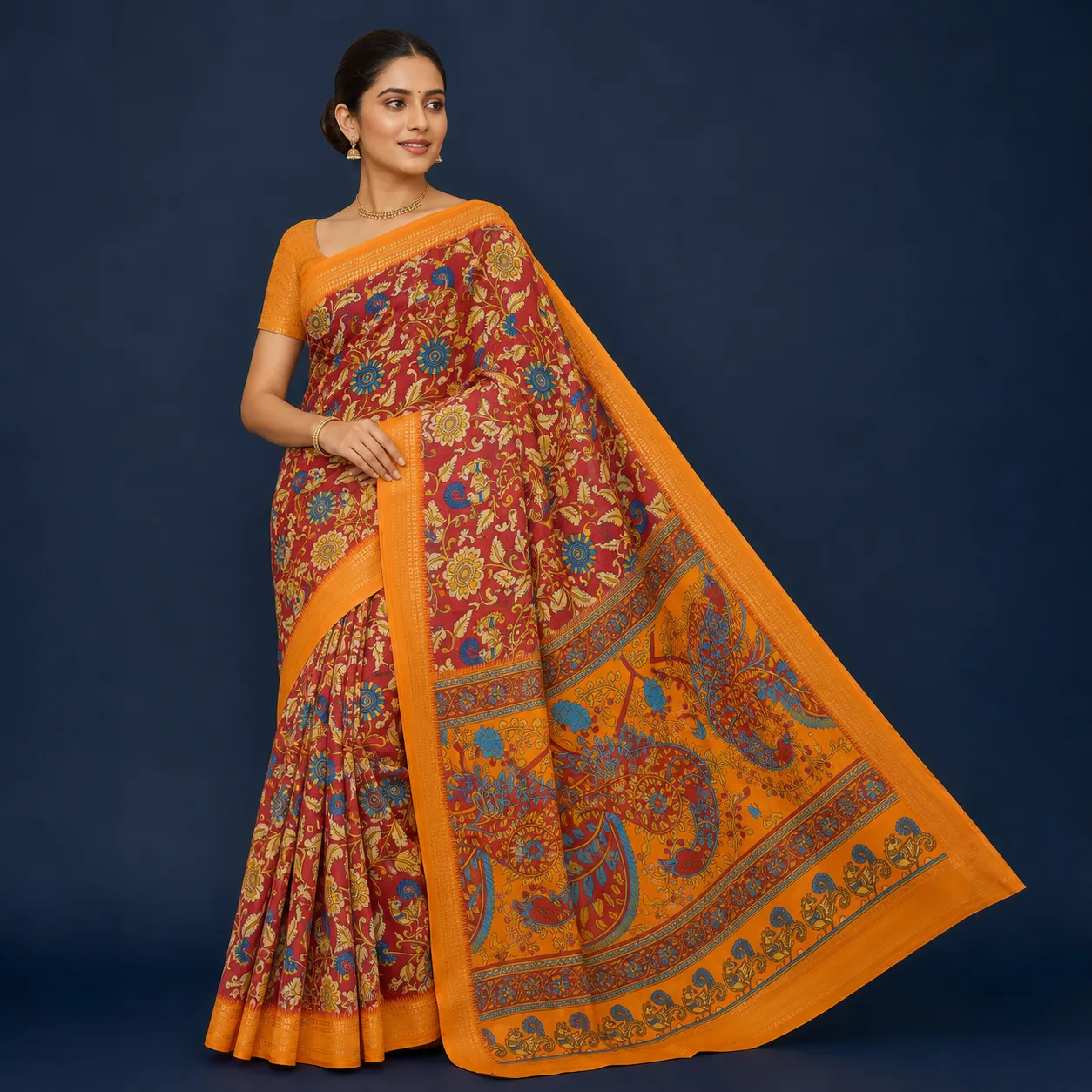 Lilly Crush with Kalamkari Peacock & Floral Print – Maroon & Mustard Yellow