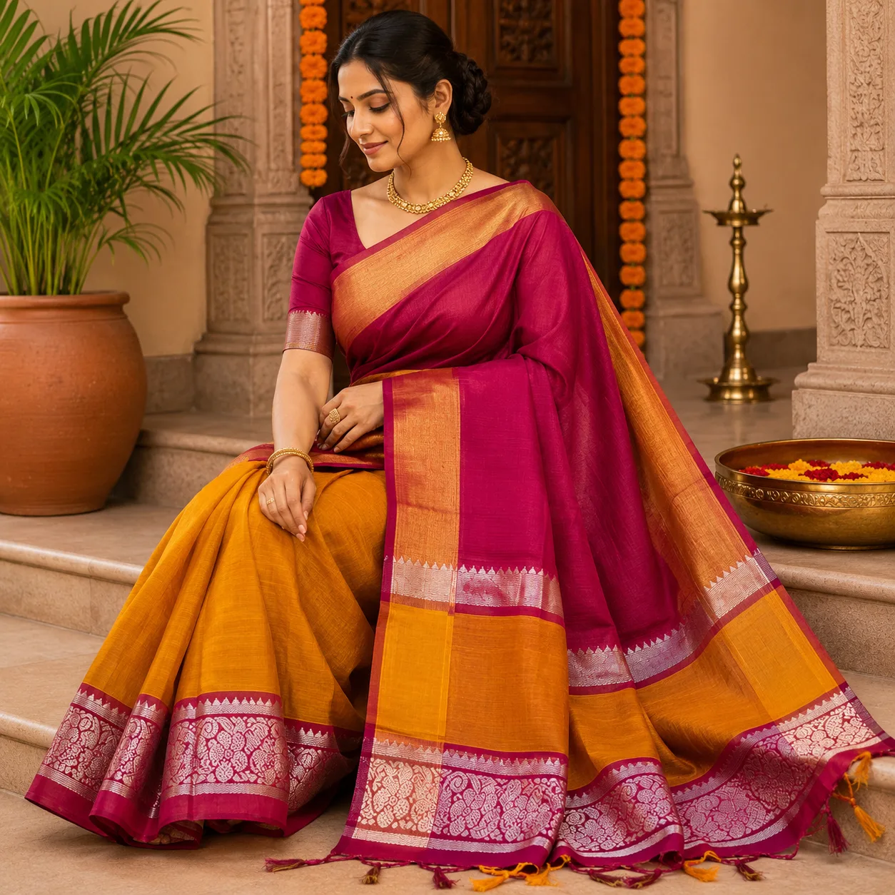Royal Magenta & Mustard Mangalagiri pattu Saree