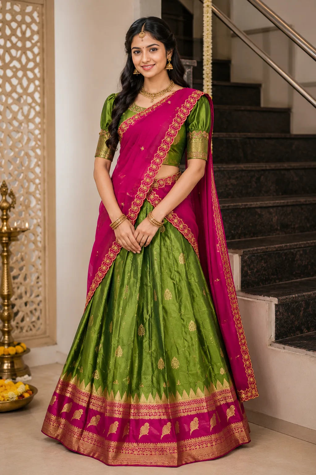Traditional Half Saree I Green Pink
