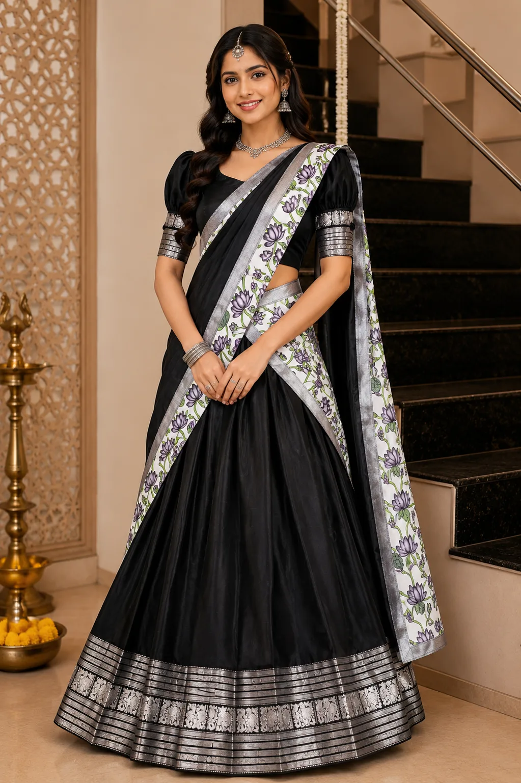 Mangalagiri Pattu Half Saree I Black