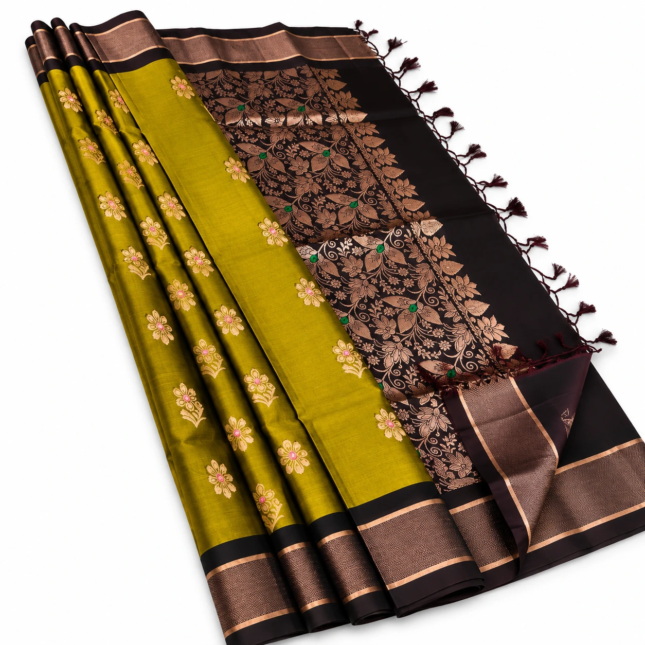 Olive Green Floral Soft Silk Saree with Black Border
