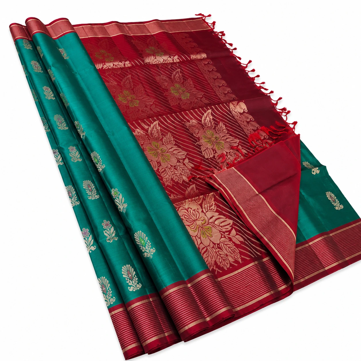 Teal Green Floral Soft Silk Saree with Maroon Border