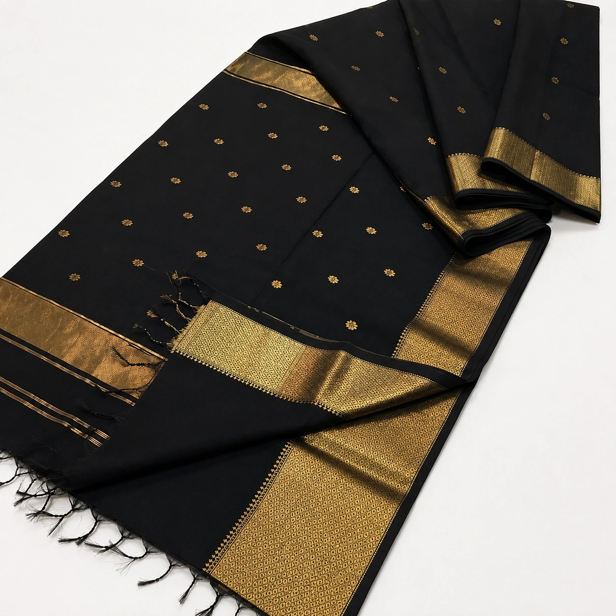 Classic Black Chanderi Pattu Saree with Golden Zari Border