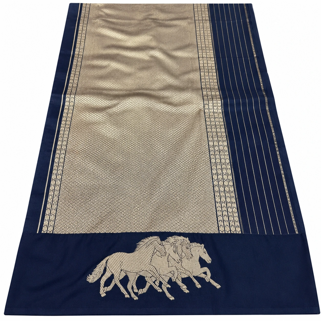 Navy Blue Varanasi Silk Saree with Silver Zari Horse Motif