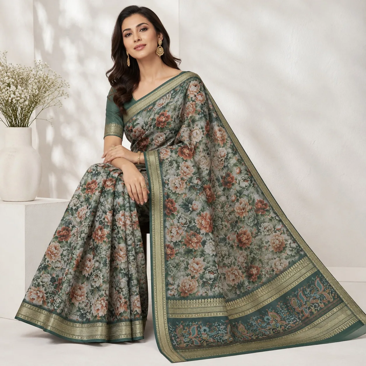 Emerald Ikat Linen Saree with Heritage Border
