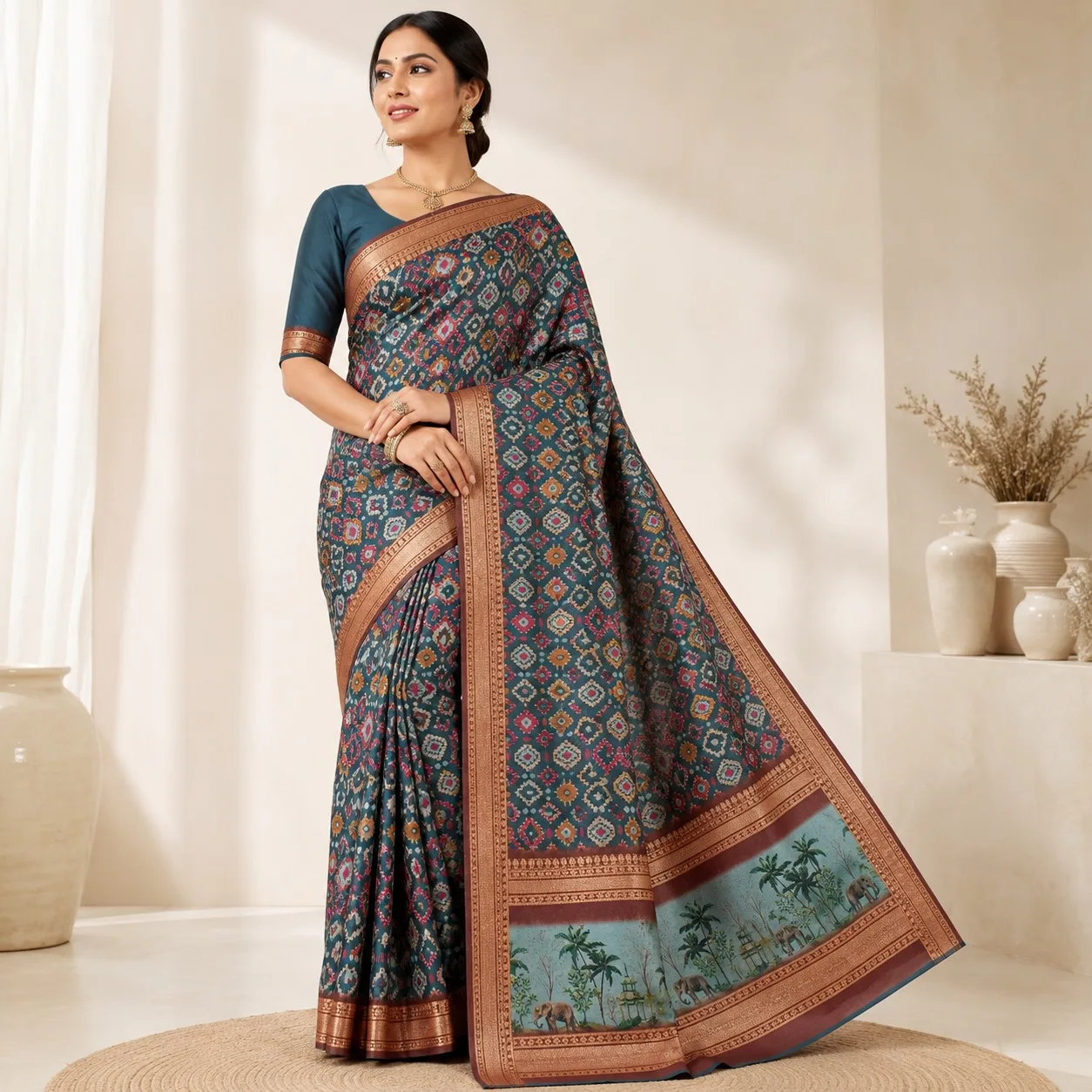 Peacock Blue Linen Saree