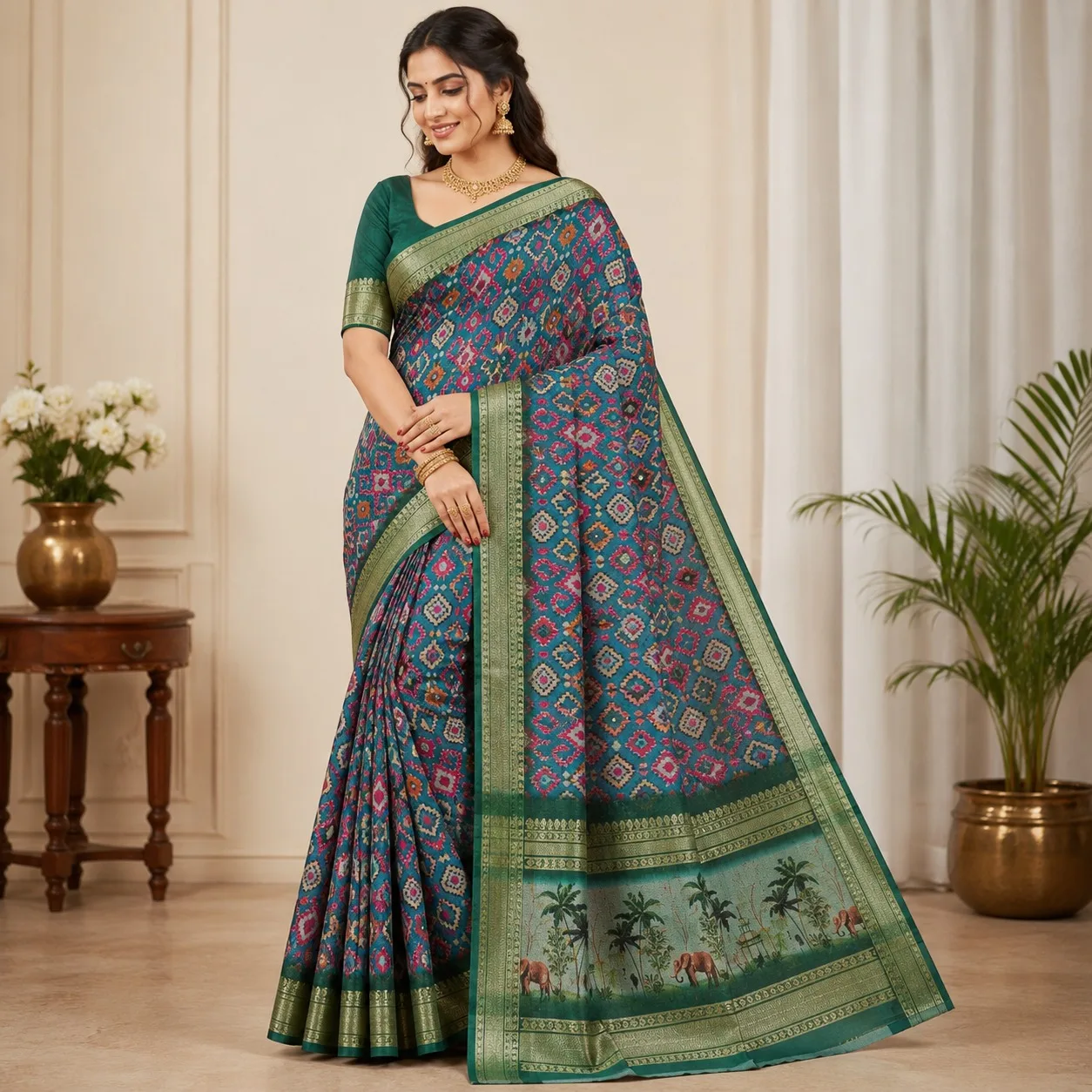 Emerald Heritage Linen Saree