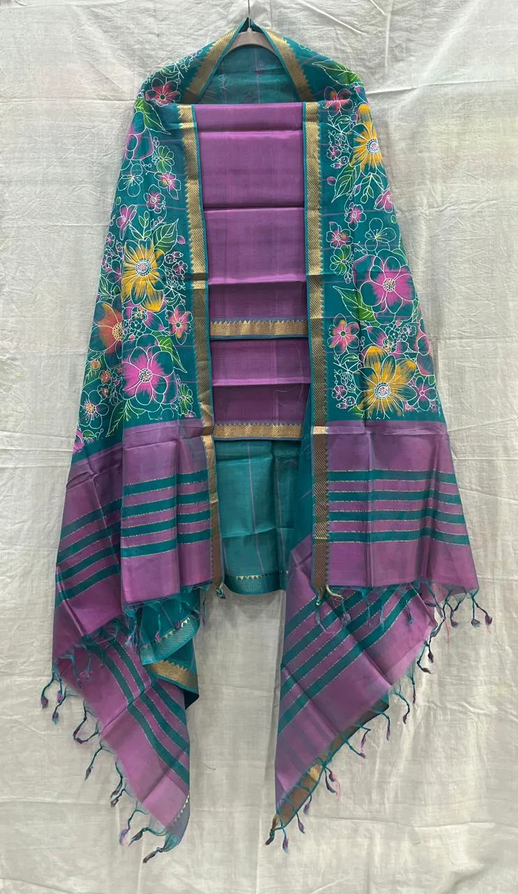 Peacock Bloom Mangalagiri Dress Material 💚💜