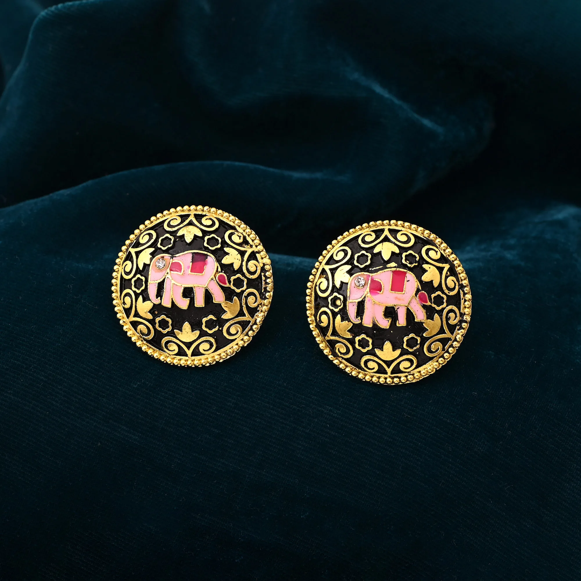 FNMKE106BLK Black Enamel Elephant Round Stud Earrings
