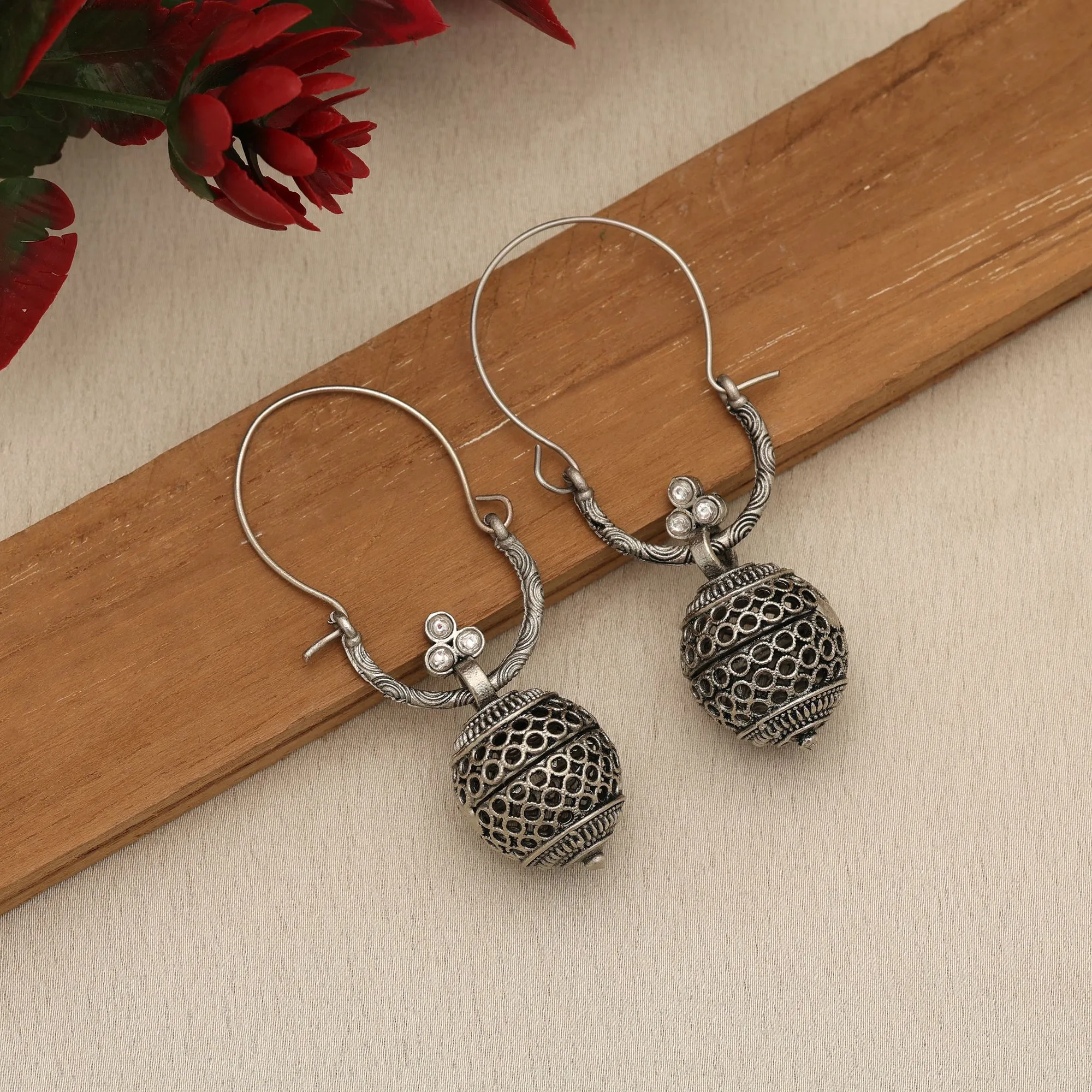 FNGSE258WHT Antique Oxidized Silver Hoop Jhumka Earrings