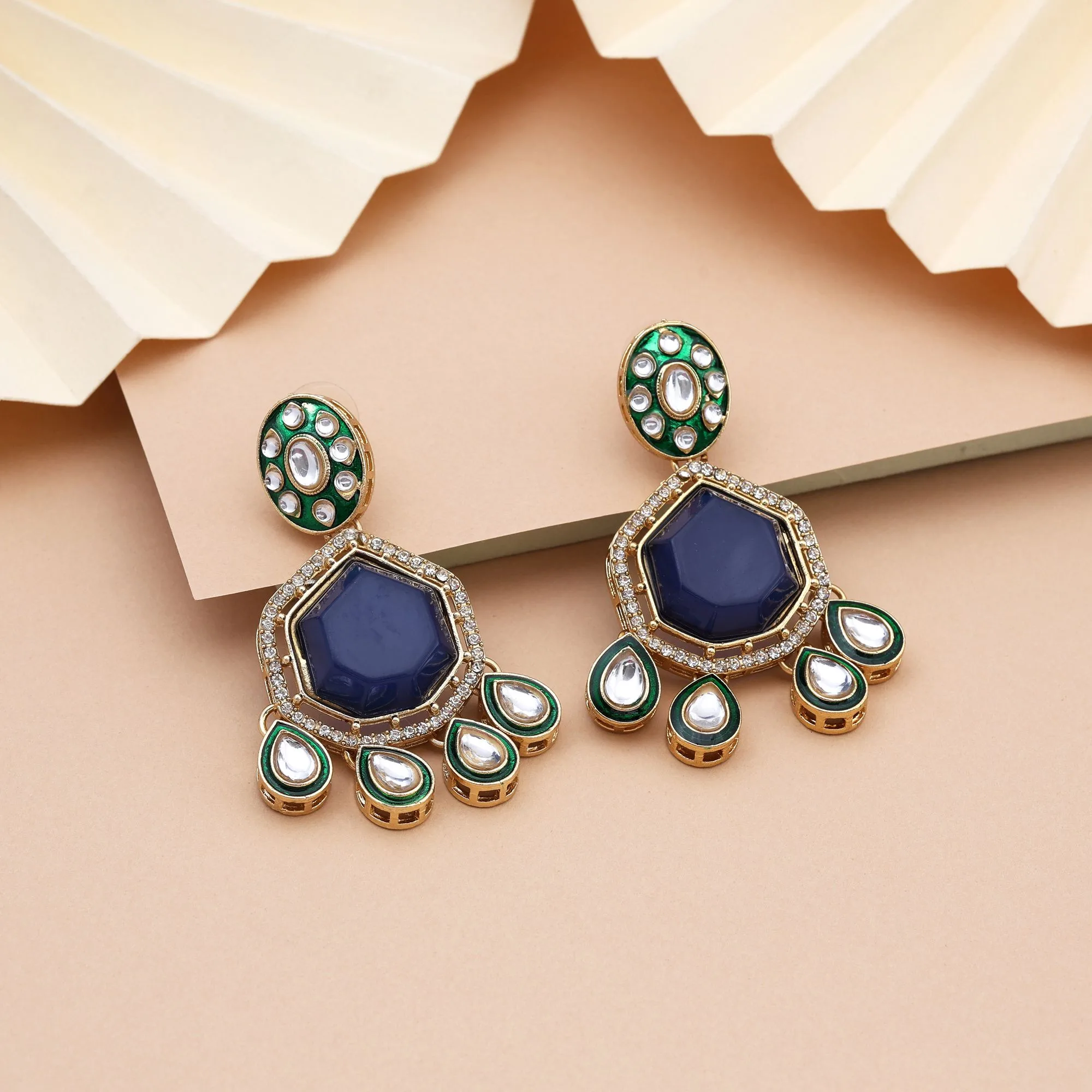 FNKDE108BLU Royal Blue Kundan Drop Earrings