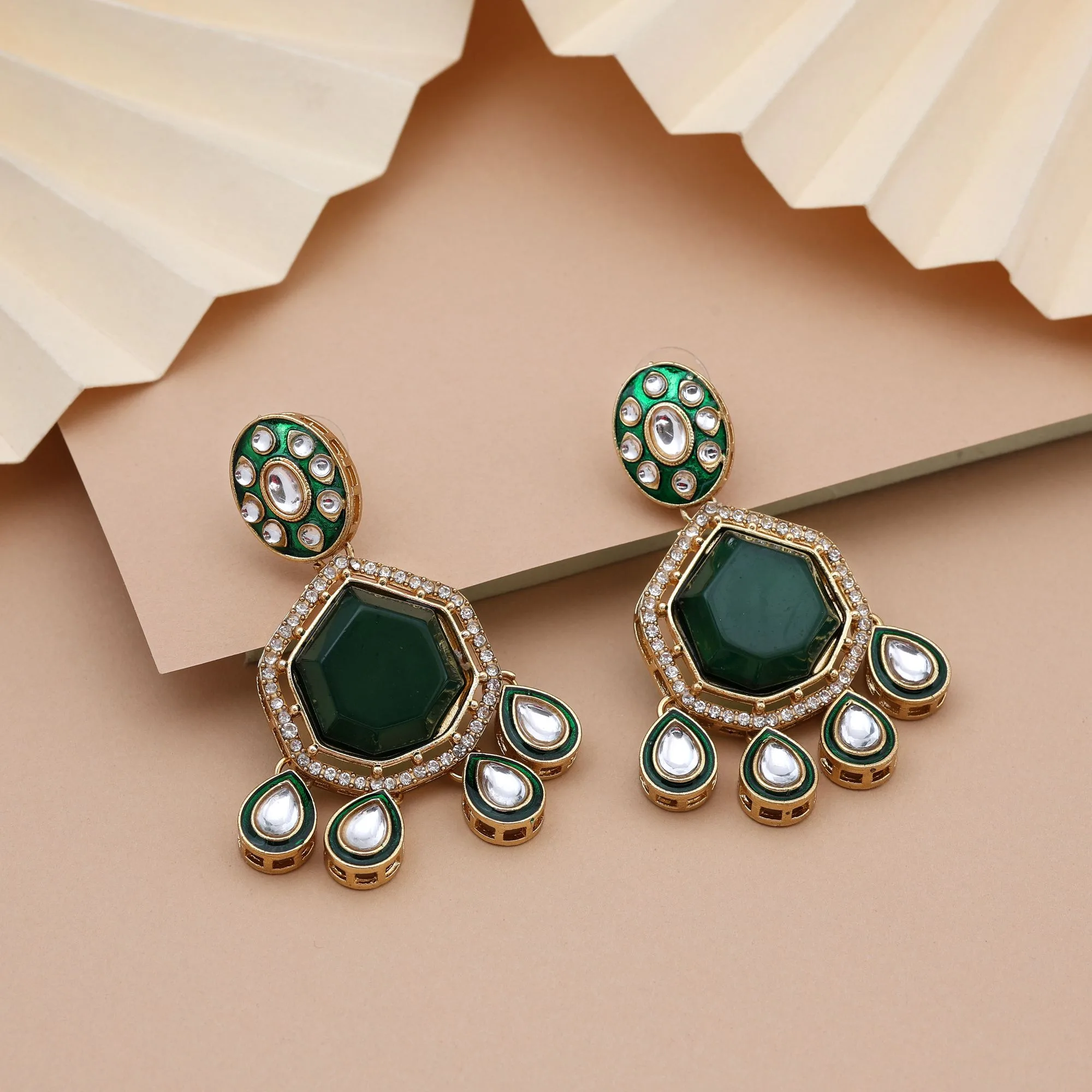 FNKDE108GRN Emerald Green Kundan Drop Earrings