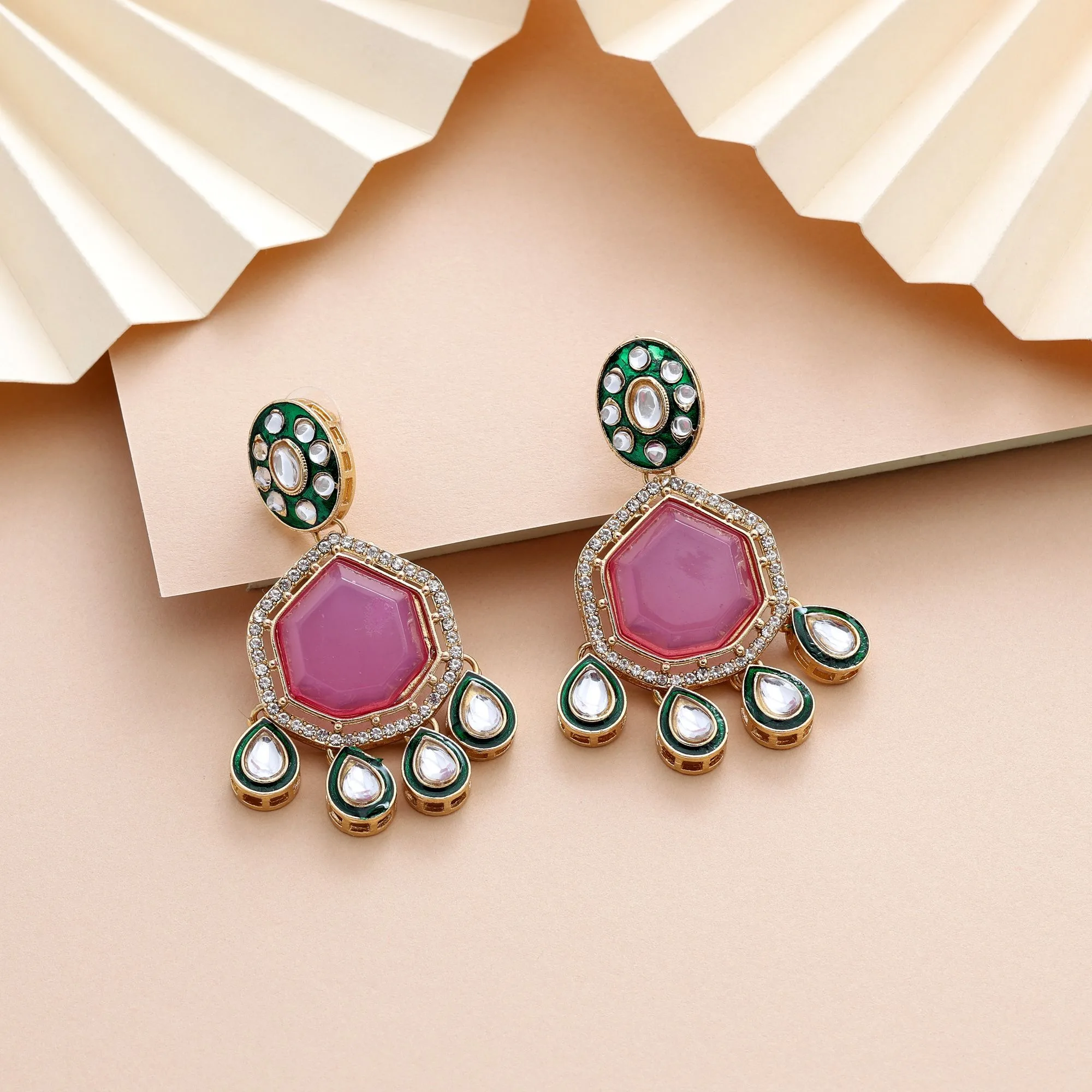 FNKDE108LPRP Pink Kundan Geometric Drop Earrings