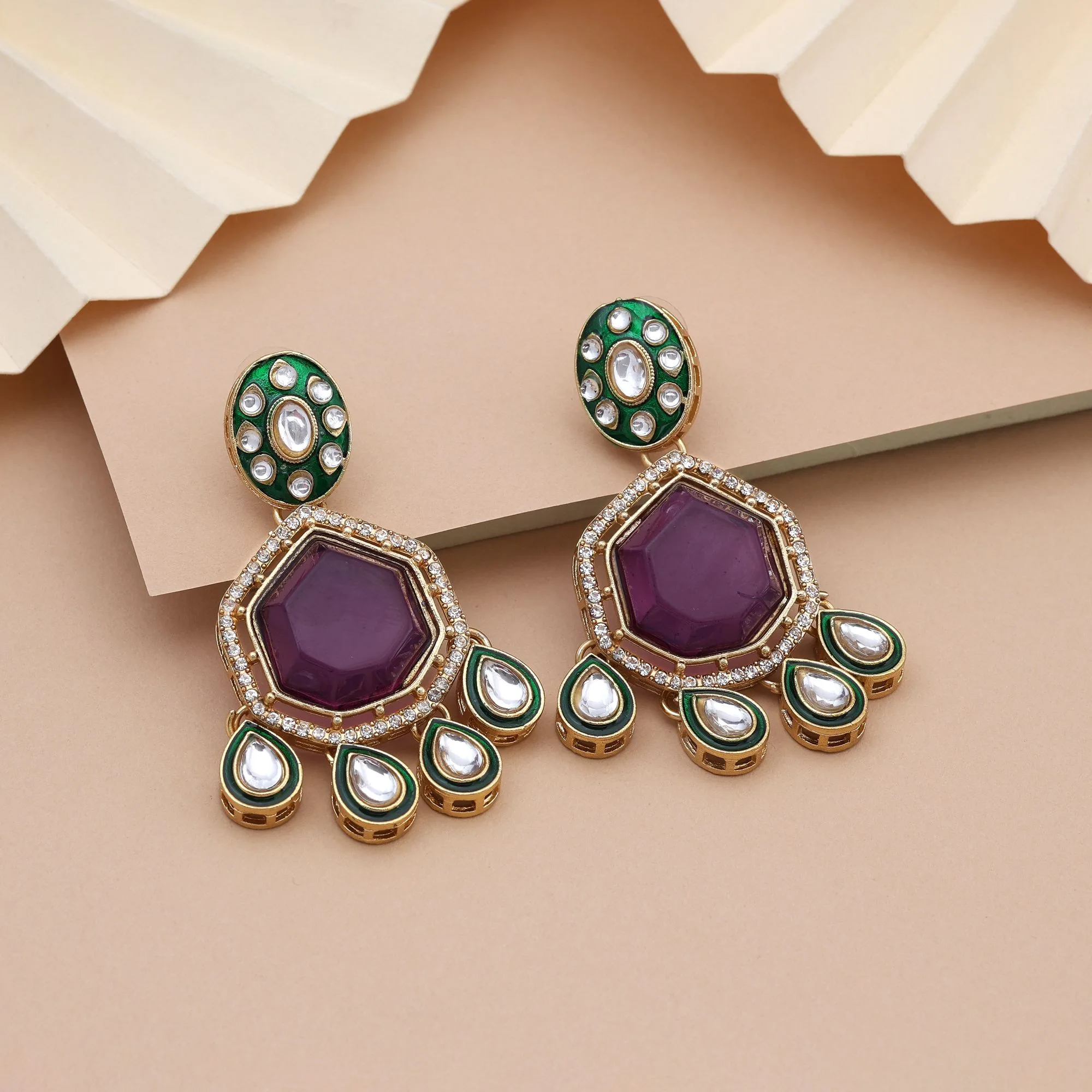 FNKDE108PRP Deep Purple Kundan Geometric Drop Earrings