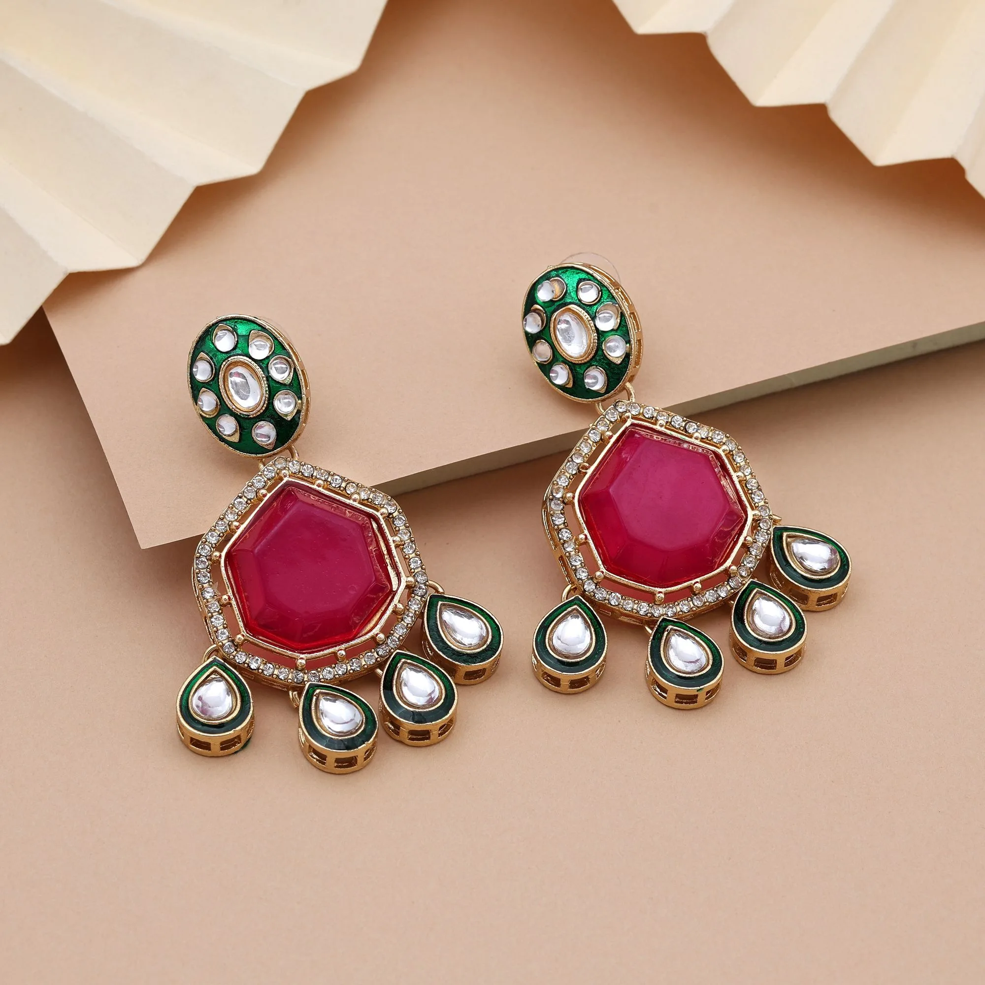 FNKDE108RNI Ruby Green Kundan Drop Earrings