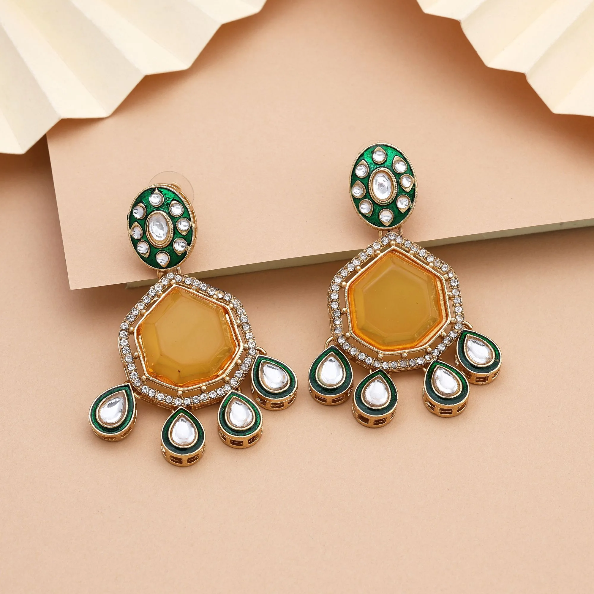 FNKDE108YLW Mustard Yellow Green Kundan Drop Earrings