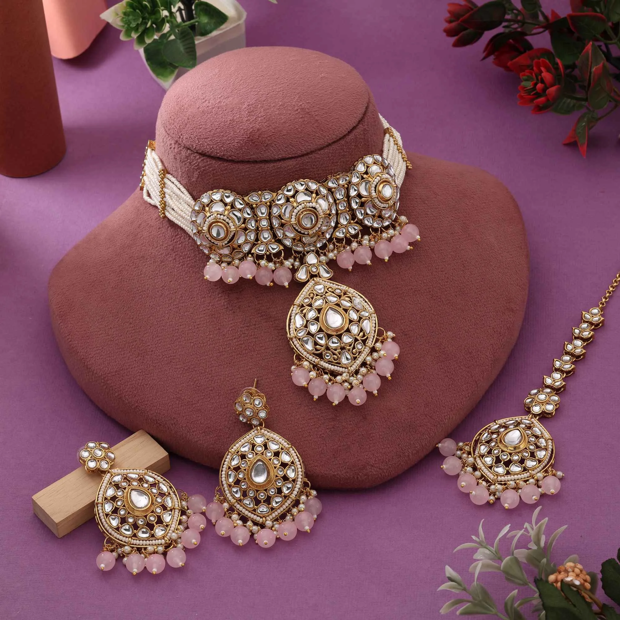 Pink Beaded Bridal Kundan Choker Jewellery Set