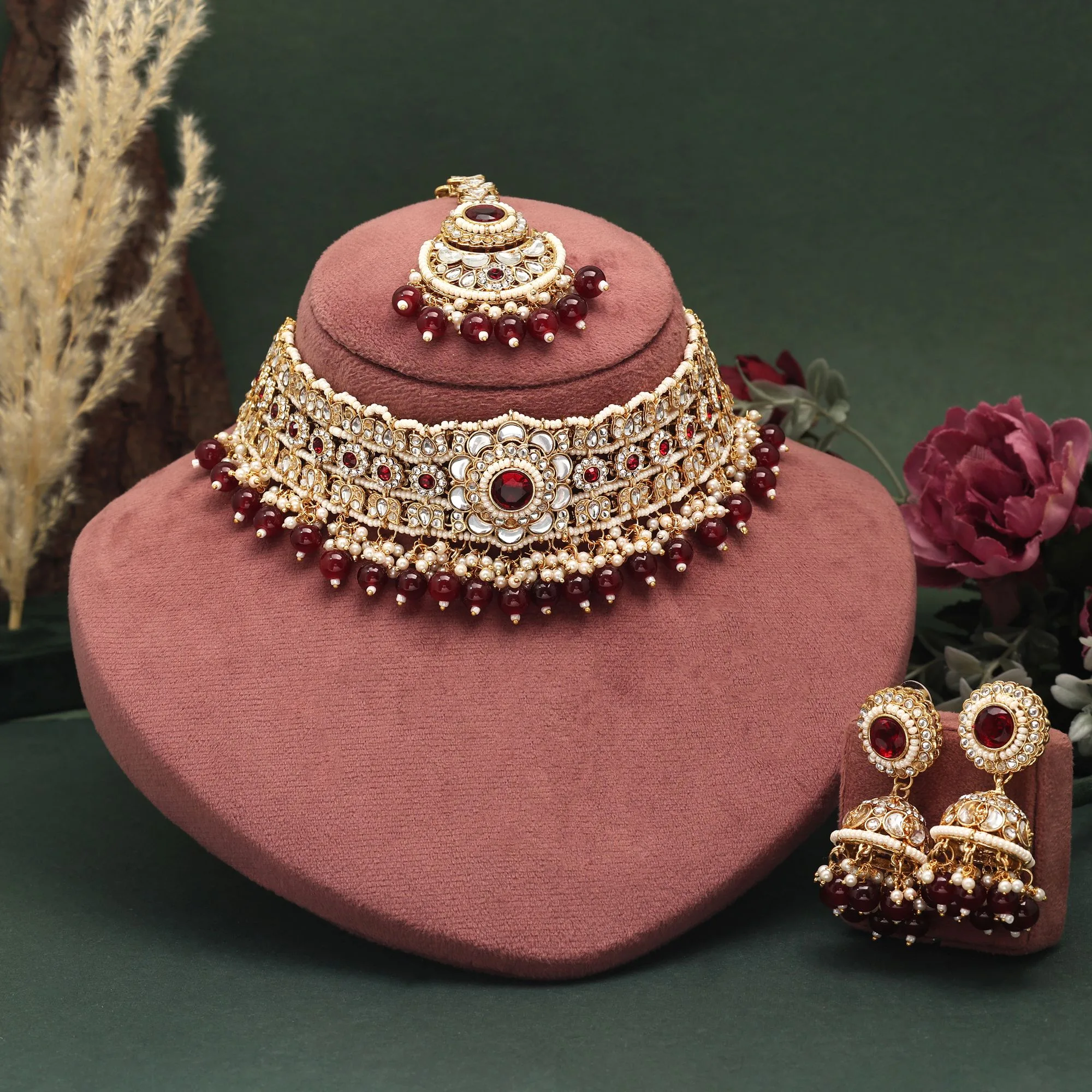 FNKN122MRN Maroon Pearl Kundan Bridal Choker Set