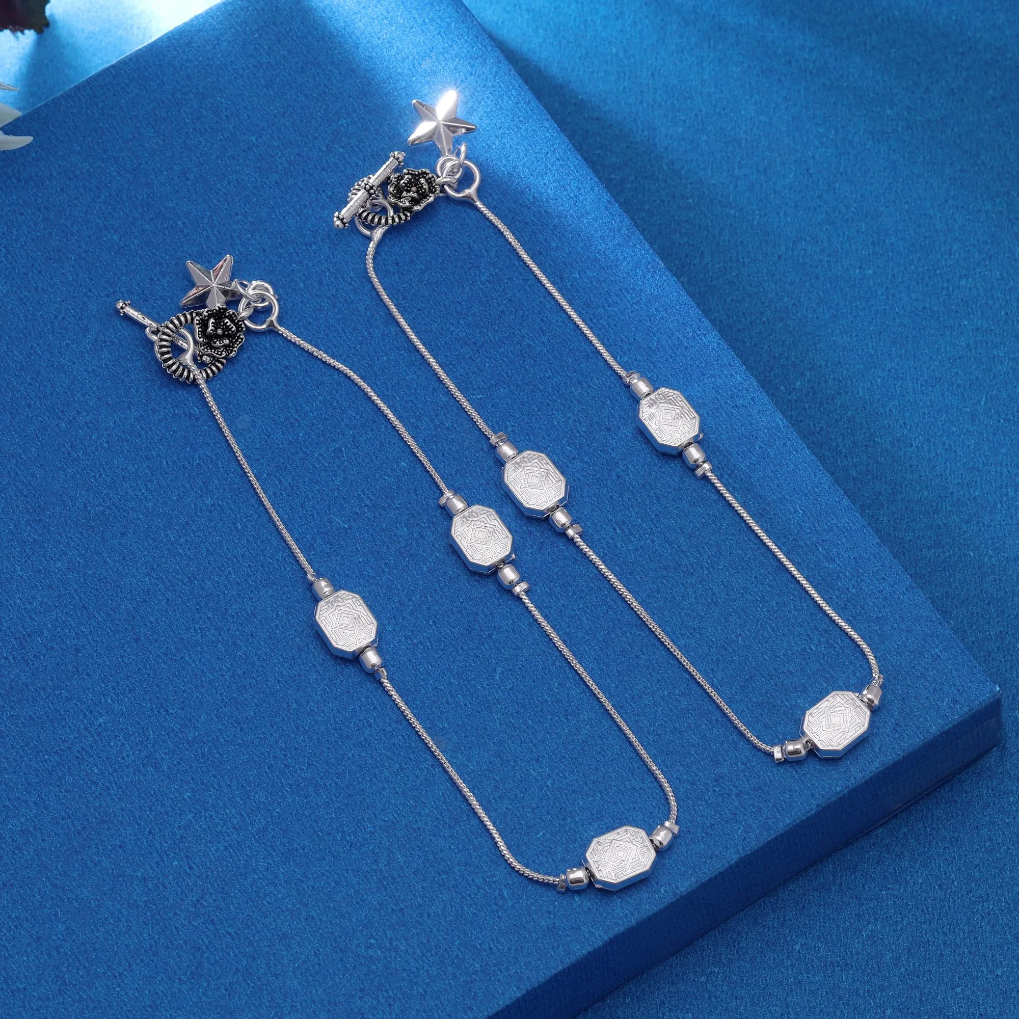 FNANK184SLV Silver Color Oxidised Anklet Designed For Traditional Festive Occasions - Silver