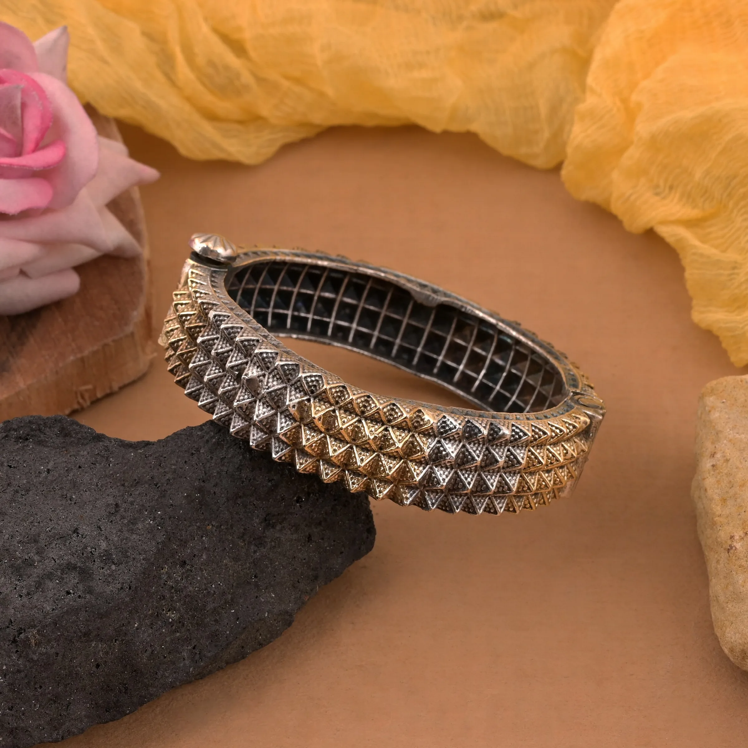 FNGSB115GS Handcrafted Gold &amp;amp; Silver Color Two Tone Oxidised Openable Bracelet With Bold Look - Gold &amp;amp; Silver