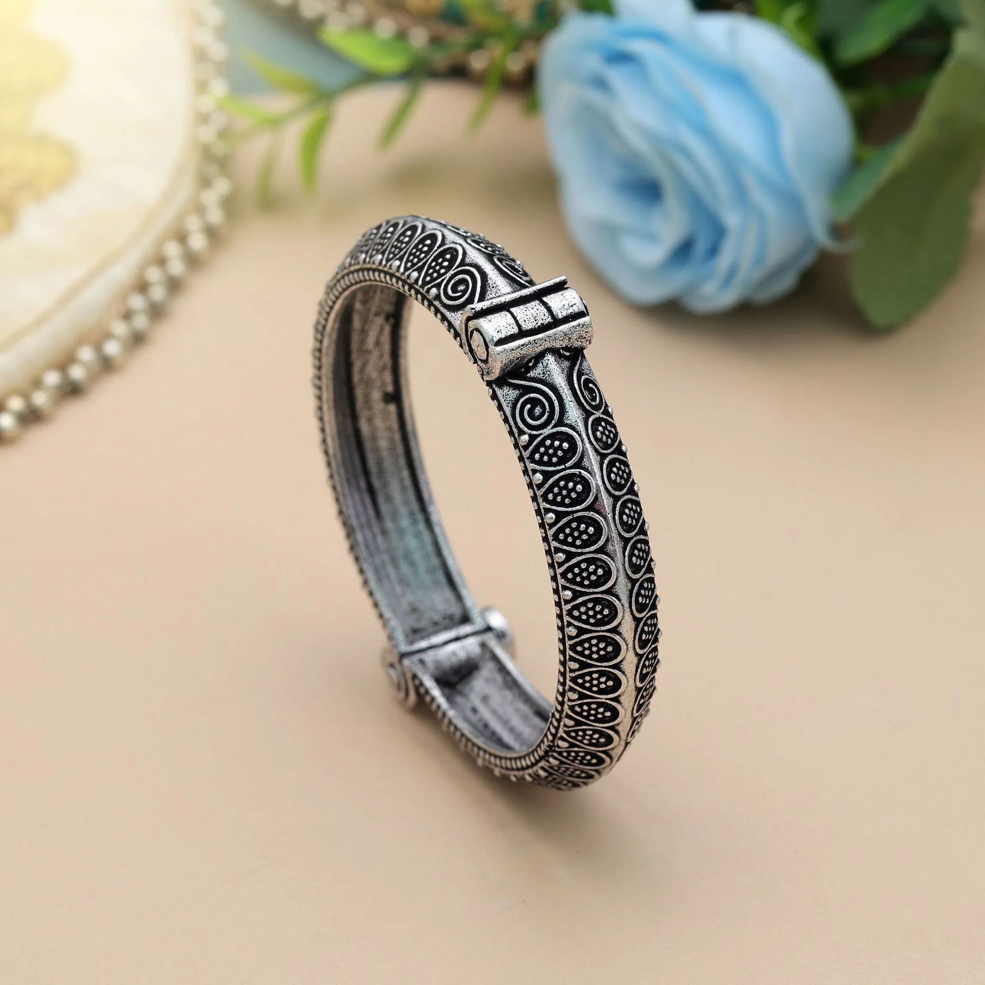 FNGSB141SLV Premium Silver Color Oxidised Openable Bracelet For Women Festive Ethnic Fashion Collection Wear - Silver