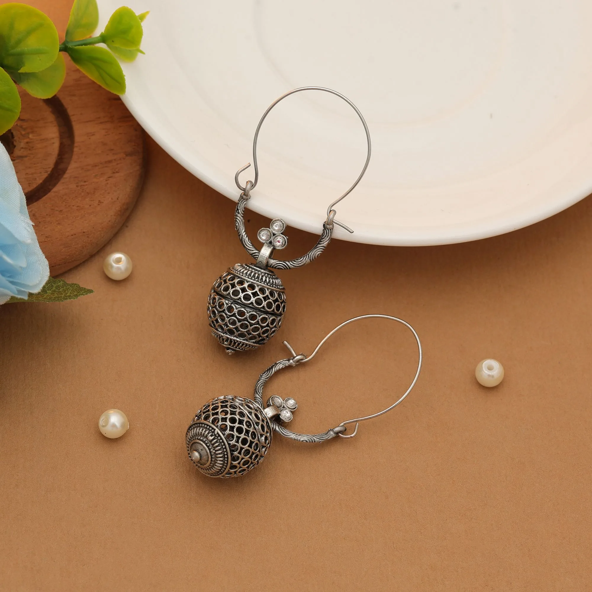FNGSE258WHT White Color Oxidised Earrings Classic Ethnic Daily Wear Jewelry - White