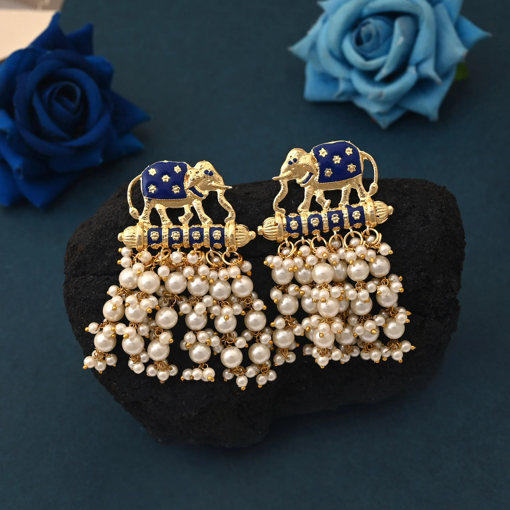 FNMKE102BLU Attractive Blue Color Elephant Design Meenakari Earrings Crafted With Premium Artistic Finish - Blue
