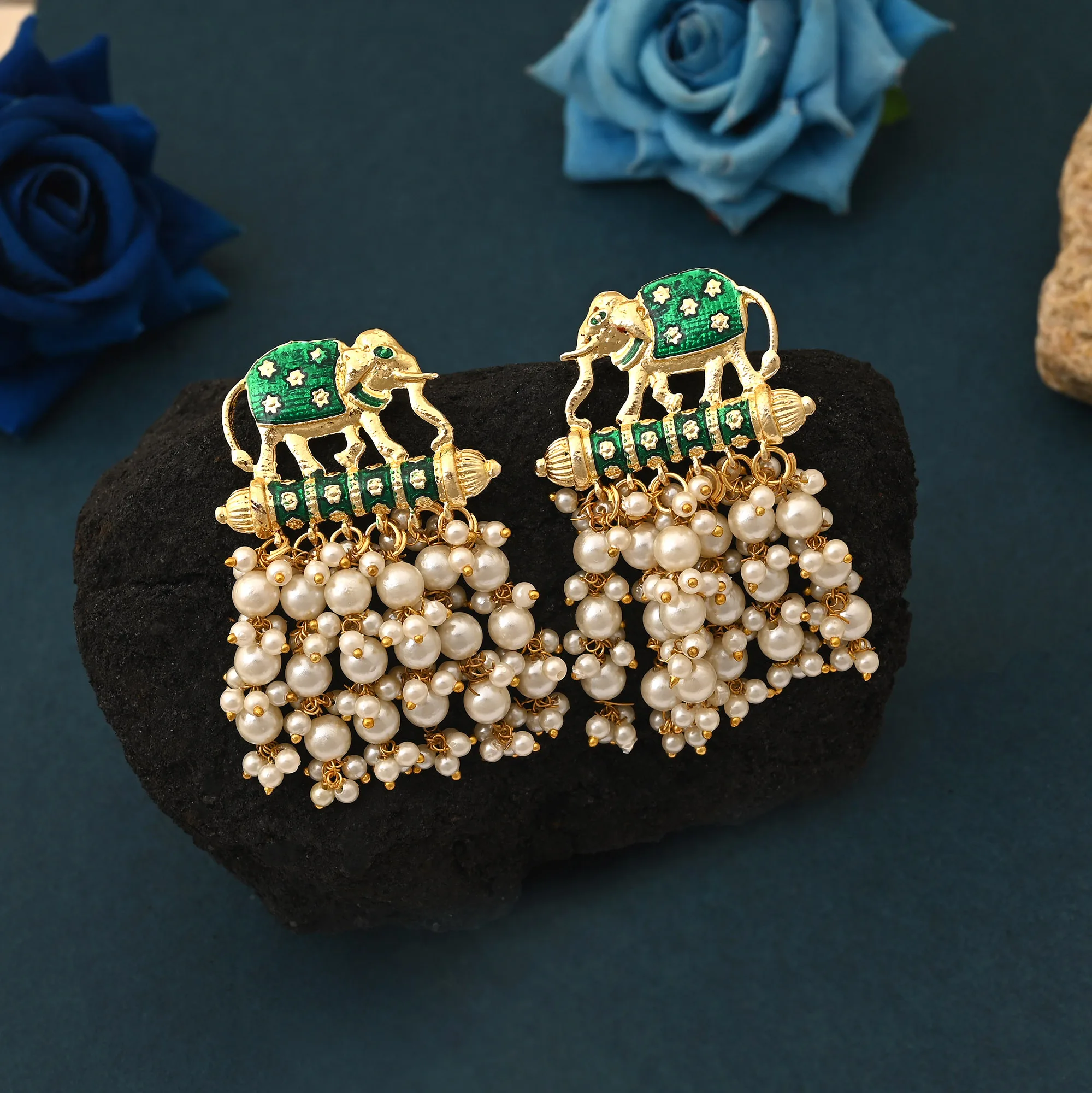 FNMKE102GRN Beautiful Green Color Elephant Design Meenakari Earrings For Womenu2019S Traditional Jewelry Collection - Green