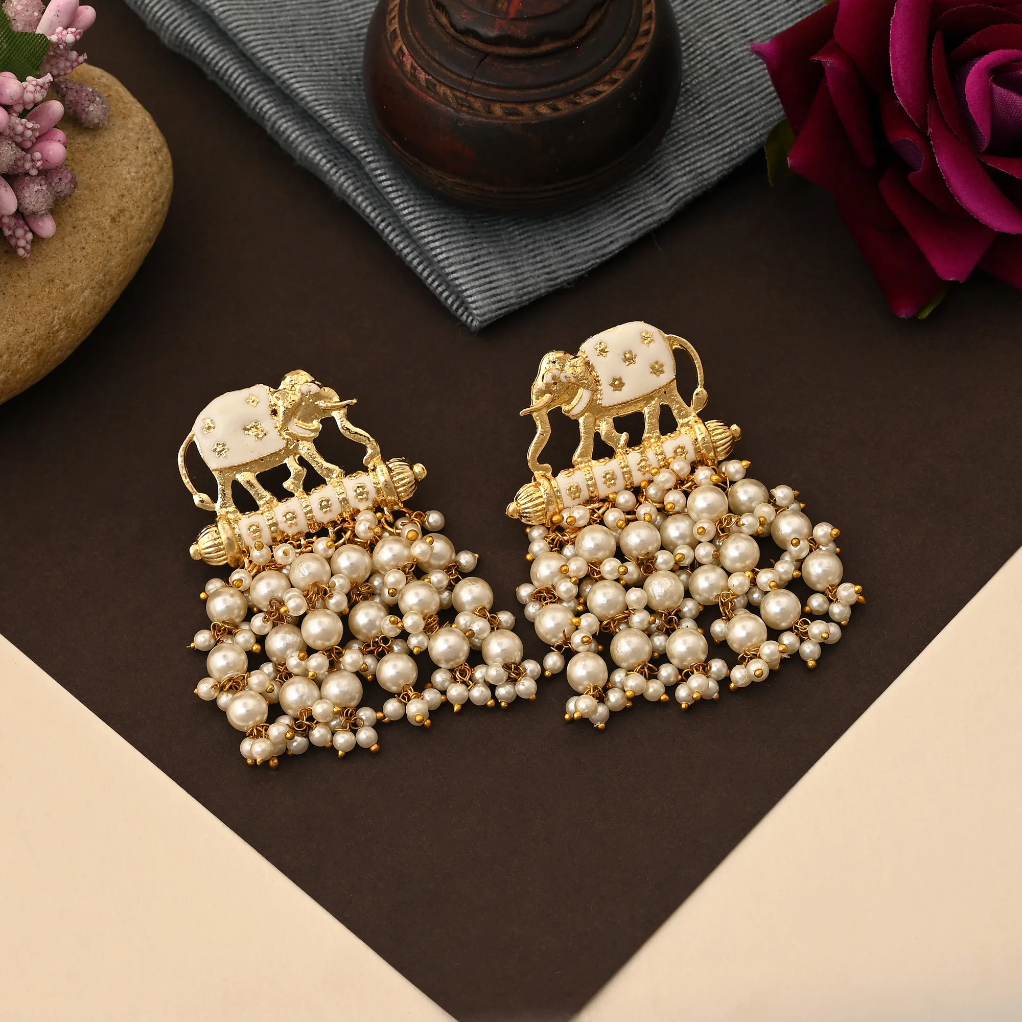 FNMKE102WHT Elegant White Color Elephant Design Meenakari Earrings With Traditional Handcrafted Detailing - White